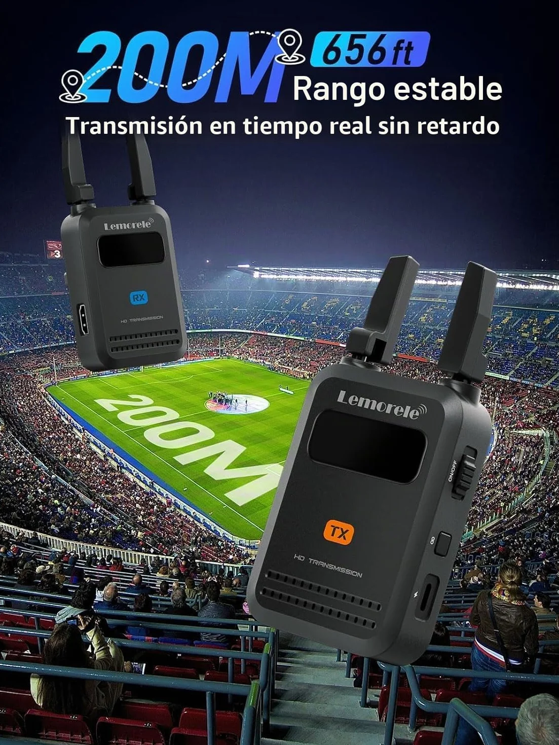 Lemorele HDMI Inalámbrico 200M con Antena Plegable, Transmisor y Receptor Vídeo (1 TX a 4 RX) con Loop-out y App para Cámara DSLR, Fotografía y Live Stream