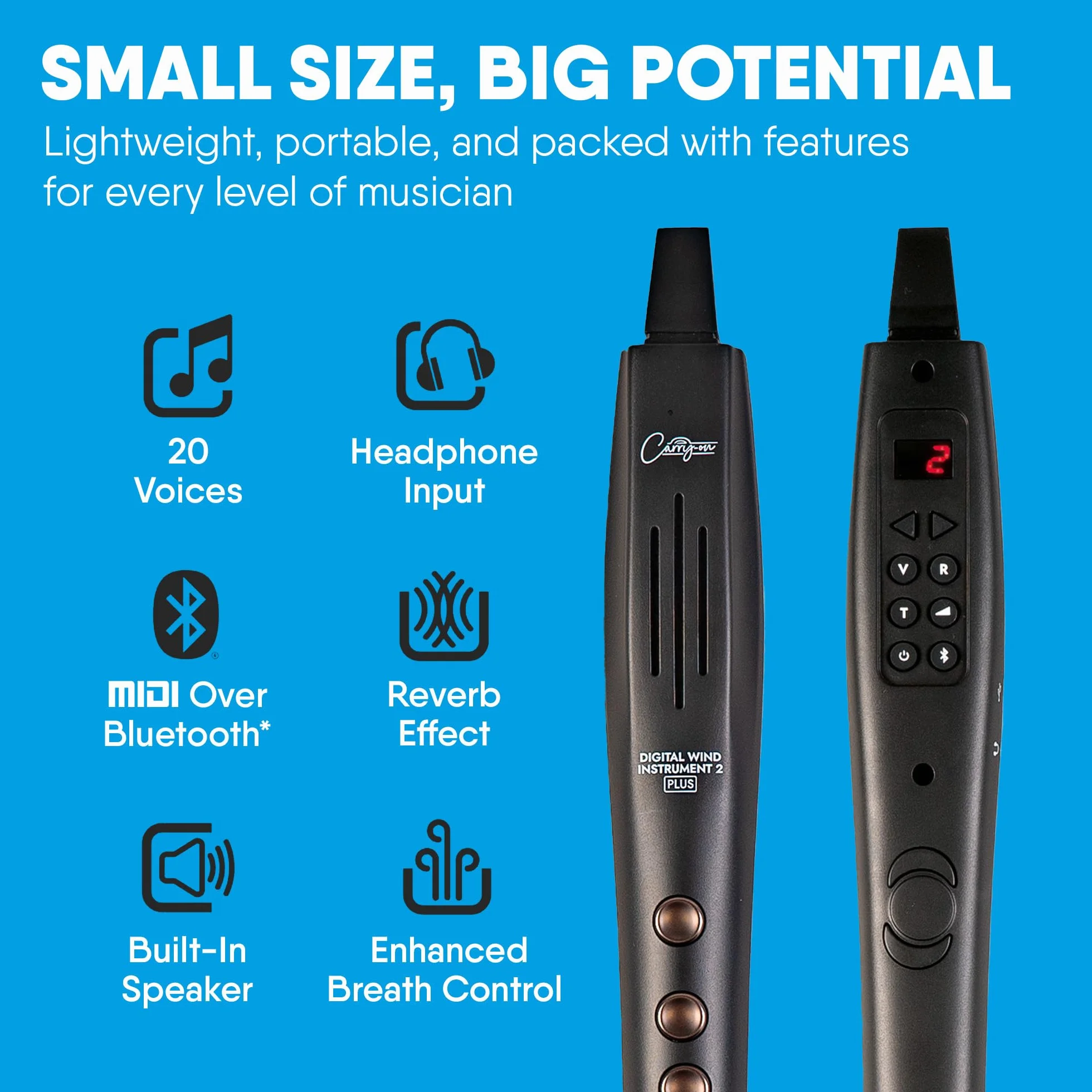 Carry-on Instrumento de viento digital 2 Plus - 20 voces, batería recargable USB integrada, salida de auriculares para práctica silenciosa, grabadora digital midi a través de Bluetooth, color negro