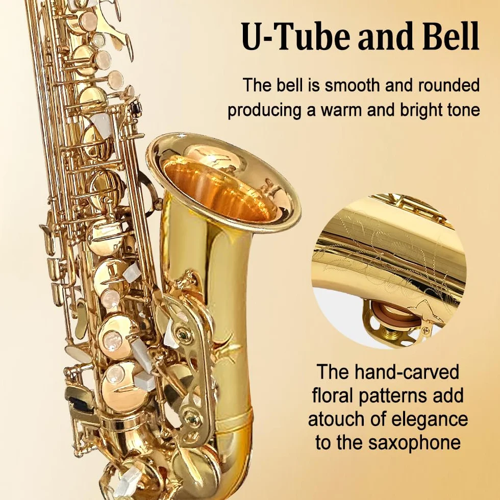 Yinfente Saxofón plano con 10 lengüetas, 8 almohadillas, funda rígida y más, para estudiantes, principiantes, adultos, saxofón alto, kit de saxofón(oro)