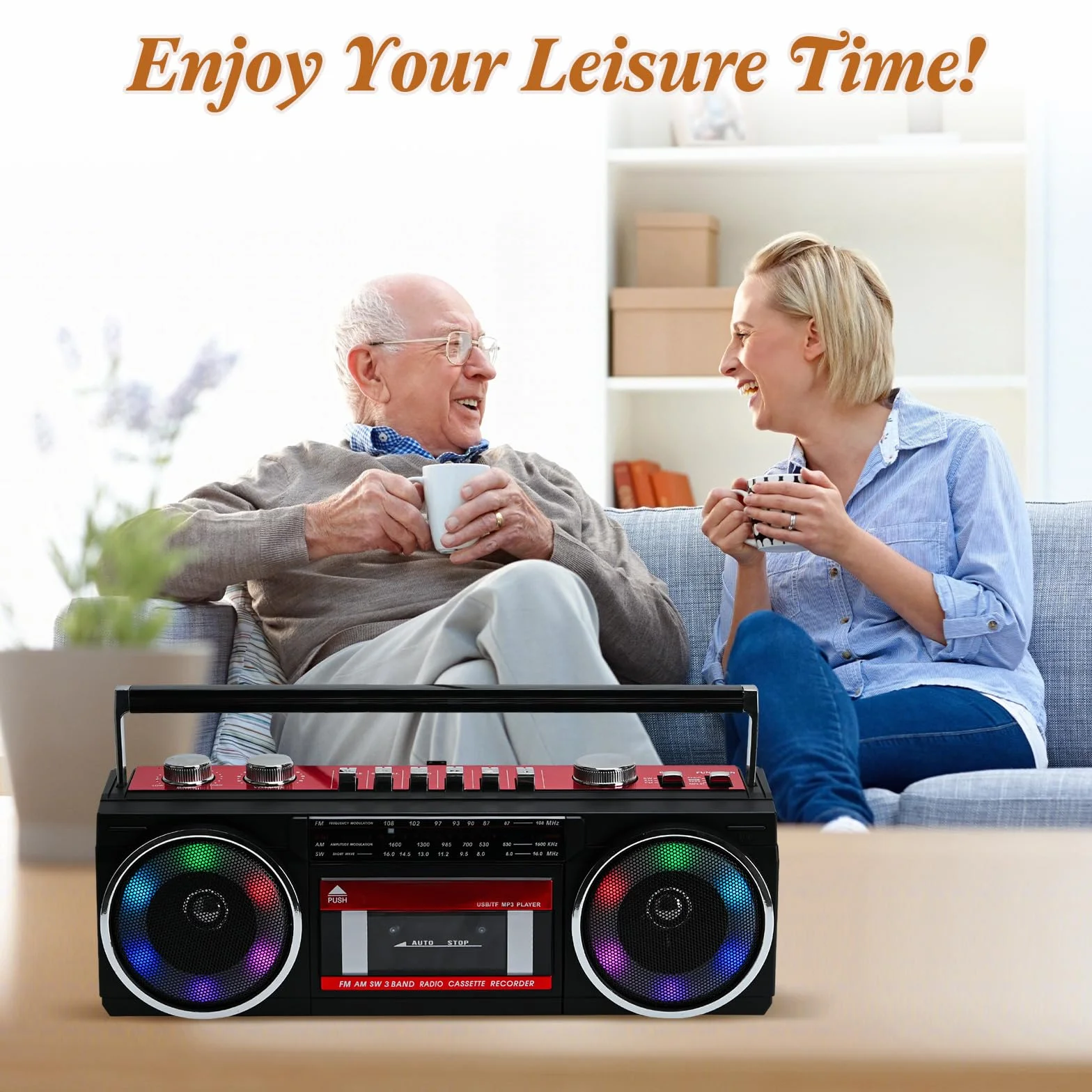 Reproductor de Casete portátil Boombox, Radio estéreo Am/FM/SW, Reproductor de Casete, grabadora de MP3, Bluetooth, USB, Luces RGB, Tarjeta TF (Rojo)