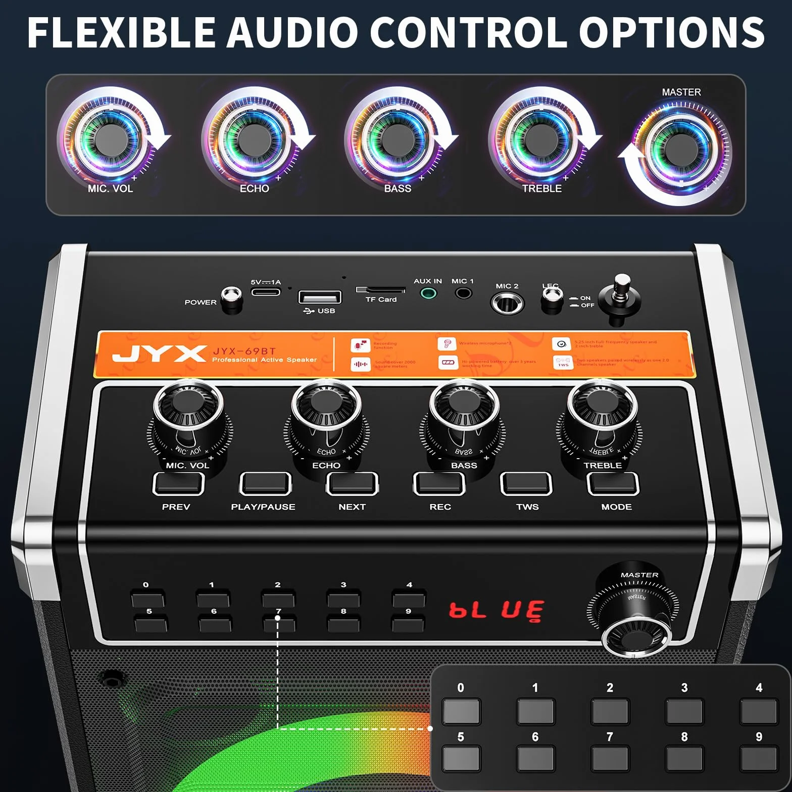 JYX Máquina de karaoke con dos micrófonos inalámbricos, ajuste de bajos/agudos y luz LED, soporte TWS, entrada AUX, radio FM, REC, suministro para fiesta/reunión/boda - negro