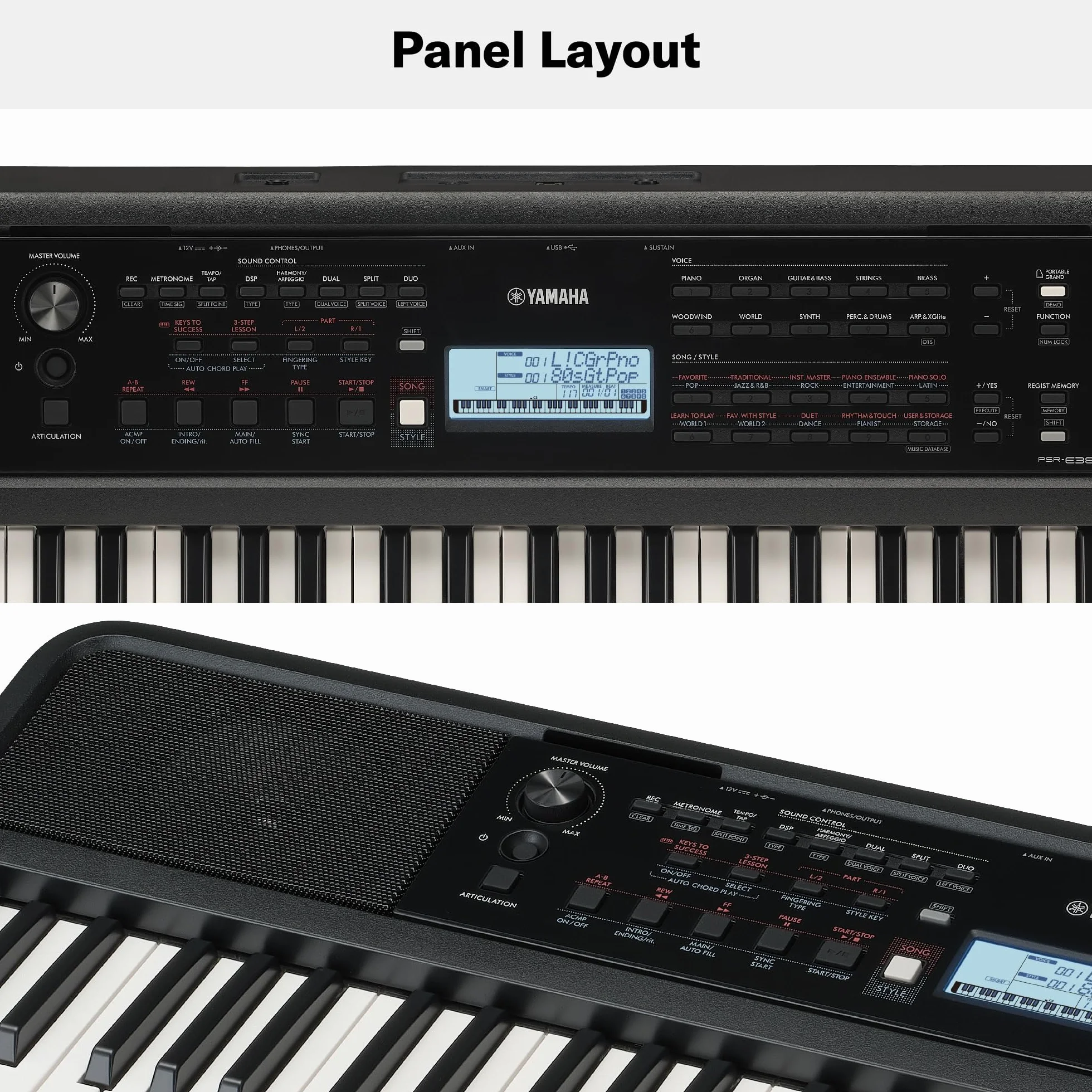 YAMAHA PSR-E383 Teclado portátil para principiantes, 650 voces de instrumentos auténticos y teclas sensibles a la pulsación con polifonía de 48 notas, incluye 2 clases online con un profesor