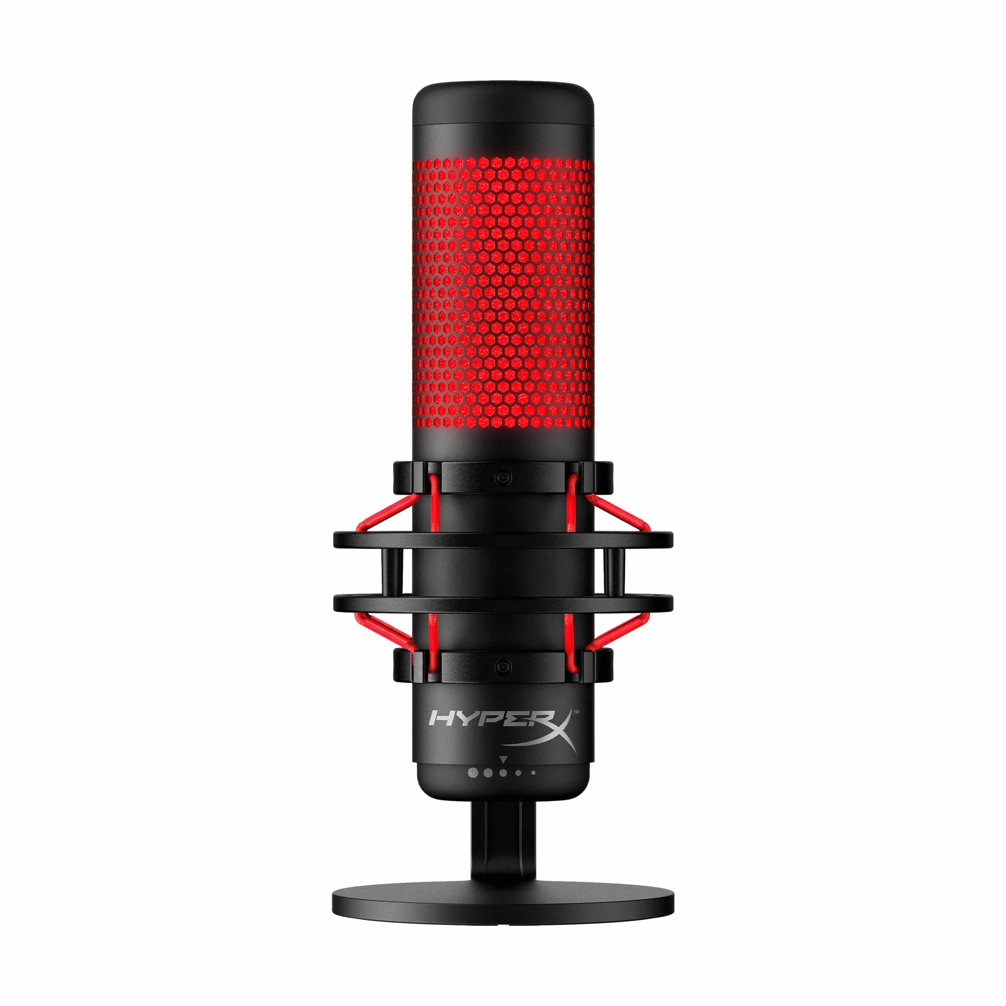 HyperX QuadCast - Micrófono de condensador USB, soporte de choque antivibración, cuatro patrones polares, filtro pop, control de ganancia, para PC, PS4, PS5 y Mac, Negro y Rojo