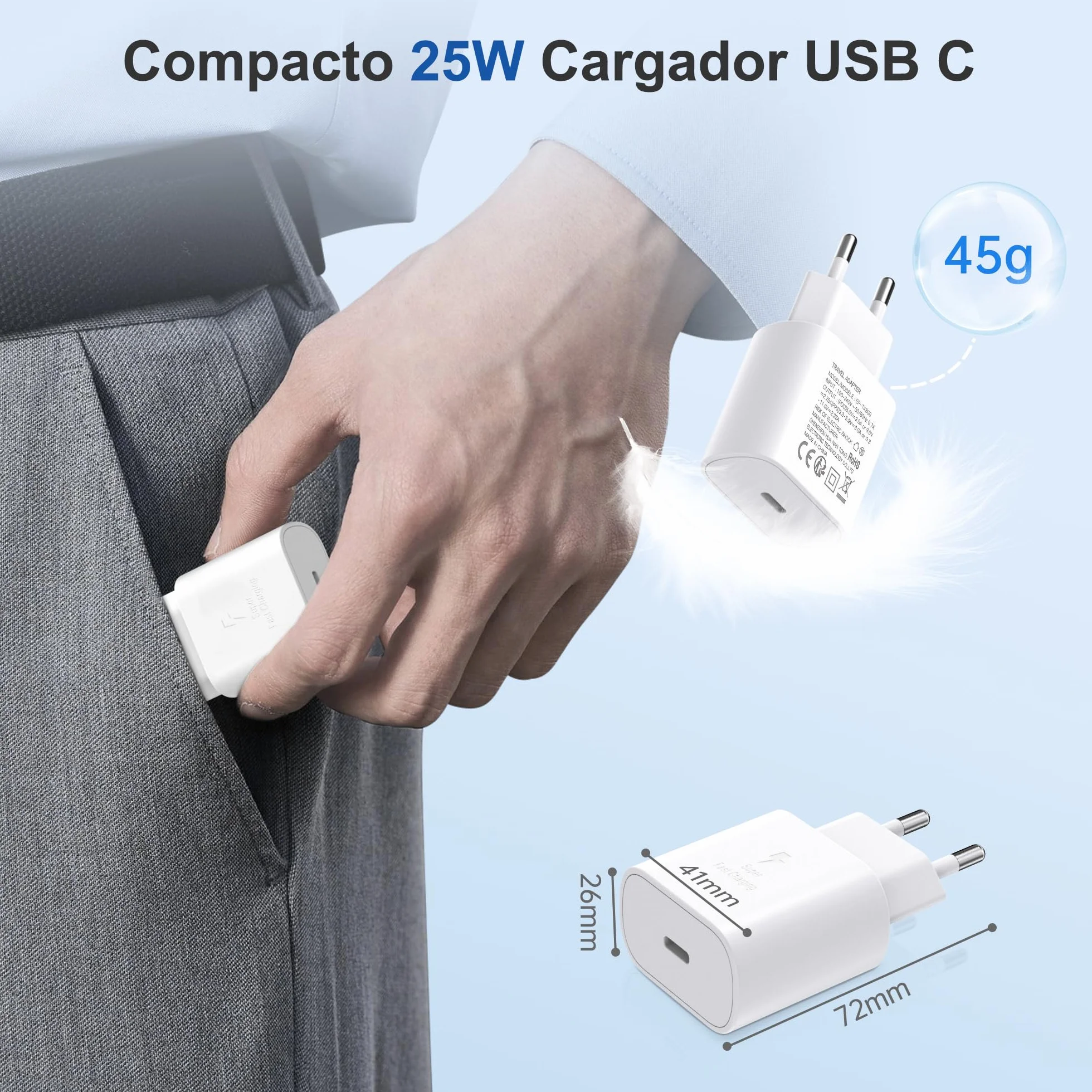 YISH Cargador USB C Carga Rápida 25W PD/QC 3.0 3A Tipo C con Cable 60W