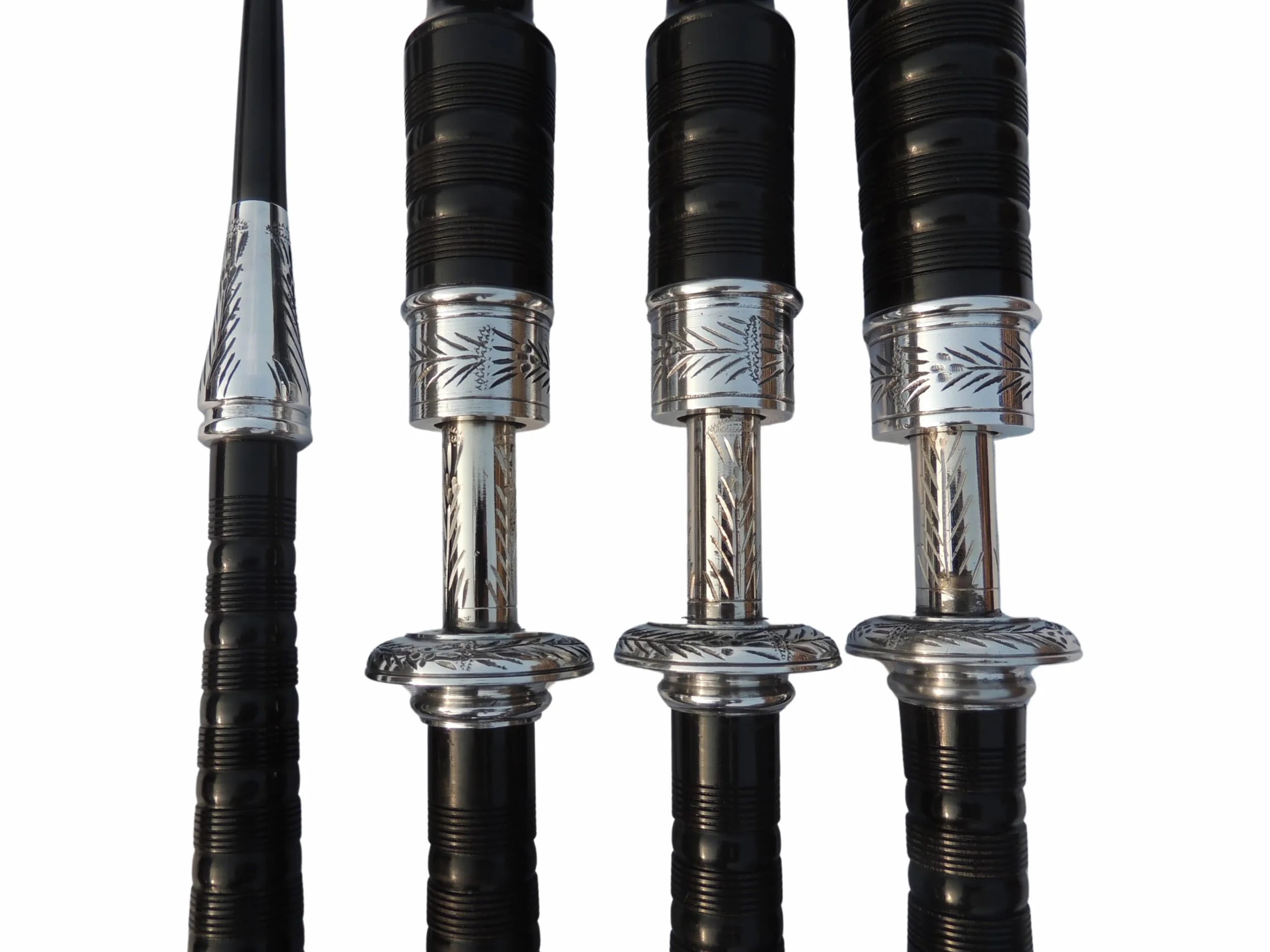 Great Highland Gaitas de Hakam Din - Madera de cocobolo sombreada negra con soportes grabados de níquel plateado y cordón de cubierta de terciopelo negro para estudiantes, kit completo de iniciación