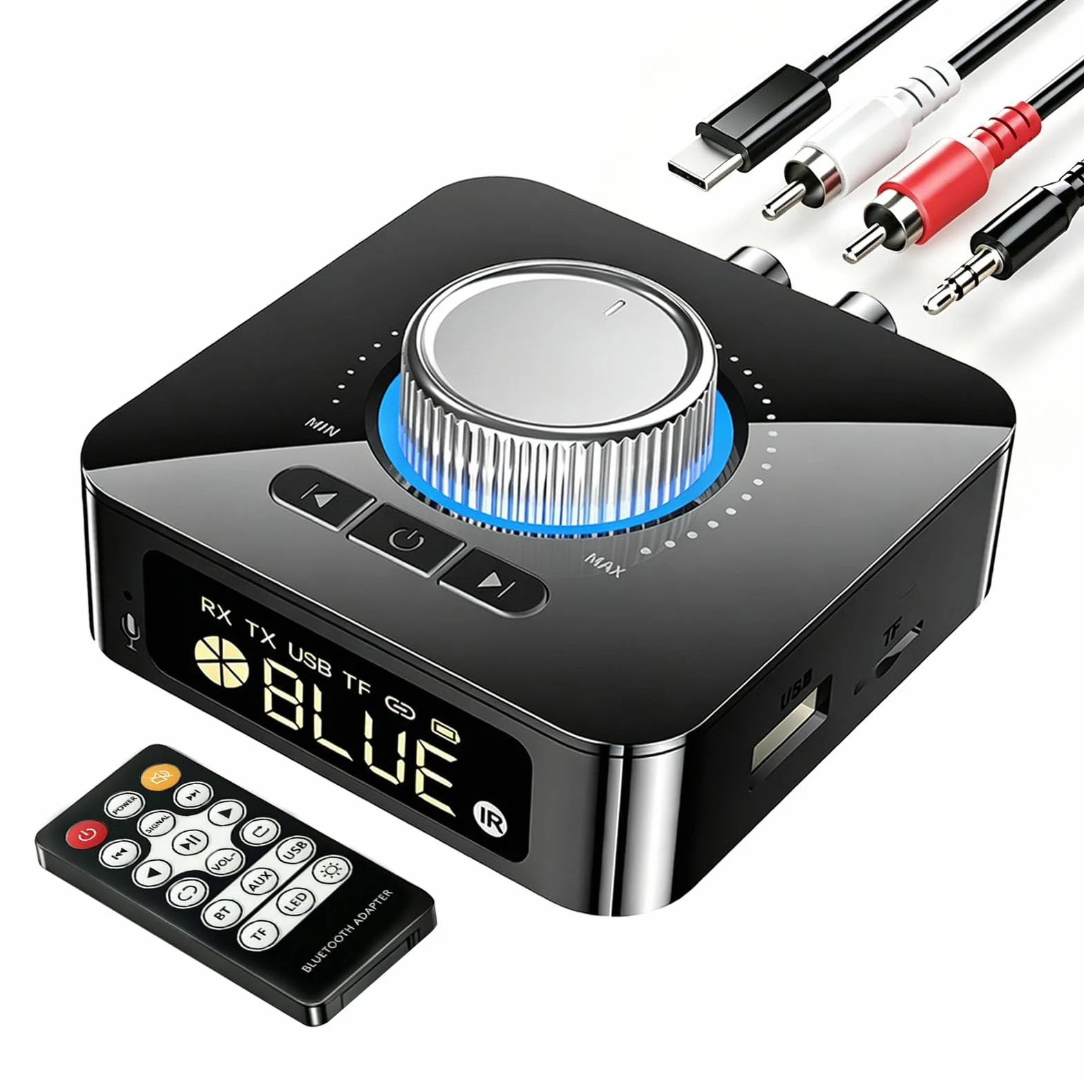 Receptor Bluetooth 6.0 HiFi, Emisor Receptor Audio con Pantalla LED, 2RCA y AUX 3.5mm, Lectura USB/TF, Manos Libres, Mando a Distancia para Equipo de Música, Coche, TV, Altavoces y Amplificador, PC