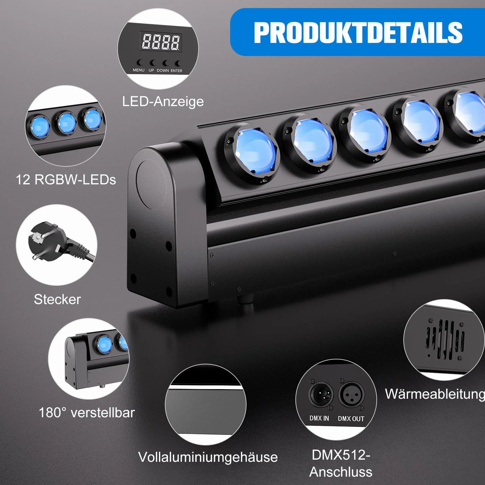 12x20W RGBW LED Cabeza Movil Haz Wallwasher Luz, d-mx512(7/11/55CH)/Control Activo de Sonido Eje Y 180° Barra de Luz Profesional para Escenario Discoteca Fiesta Concierto