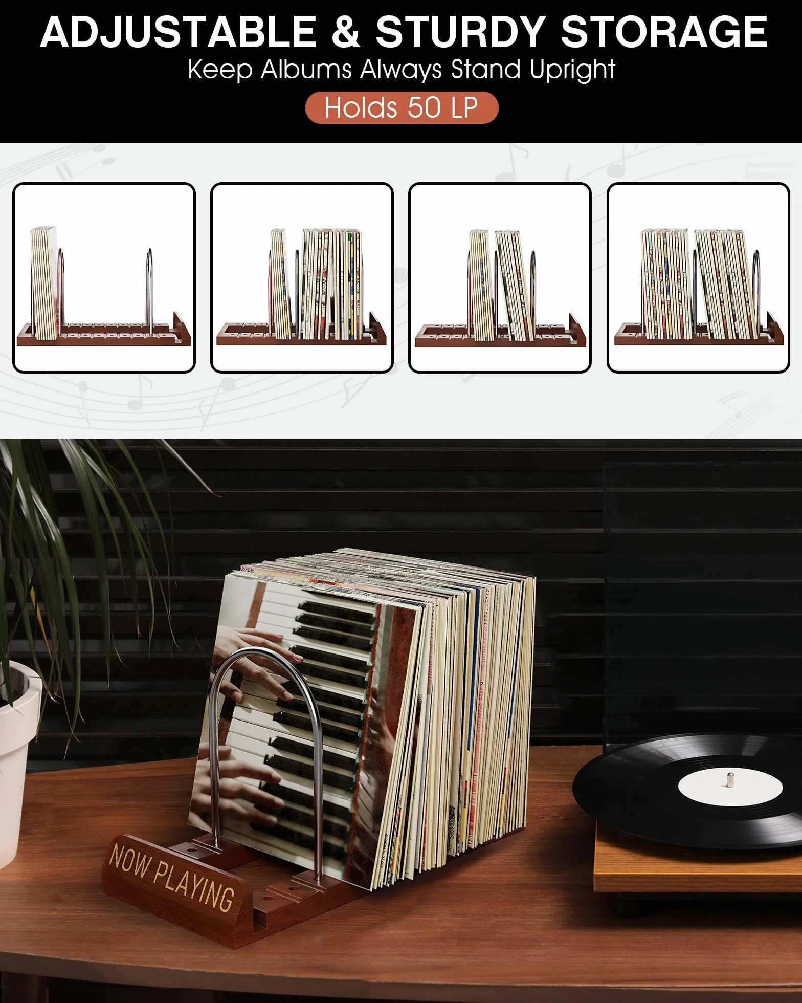 BS-VOG Now Playing - Soporte Para Discos De Vinilo, Almacenamiento De Discos De Vinilo De 50 LP Con Ranuras Antideslizantes, Soporte Giratorio Para Discos De Vinilo Para Álbumes, Revistas, Organizador