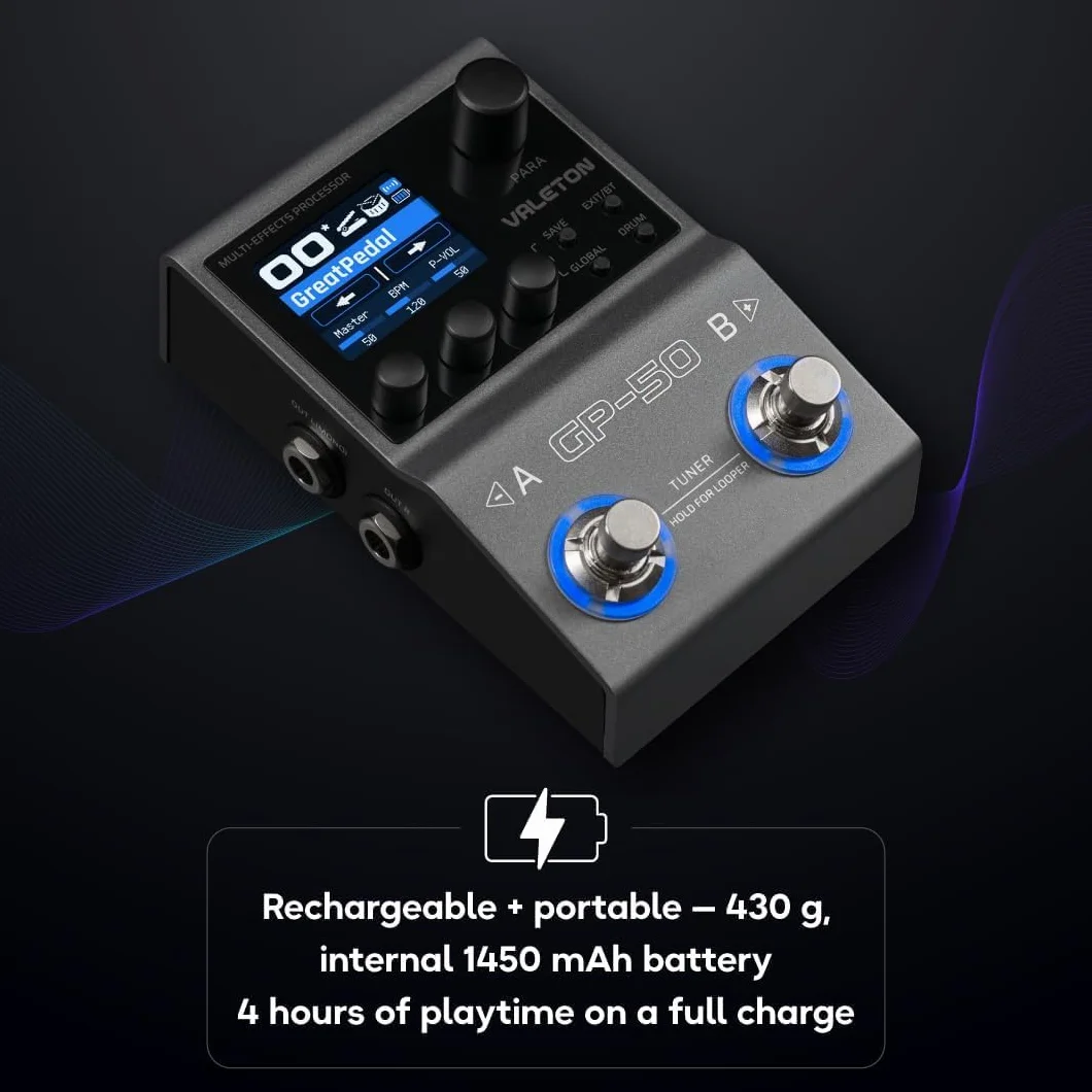 Valeton GP-50 SnapTone procesador multiefectos para guitarra con Neural Amp Modeler, cargador IR, interfaz de audio USB, caja de ritmos, looper, Bluetooth, 100+ efectos
