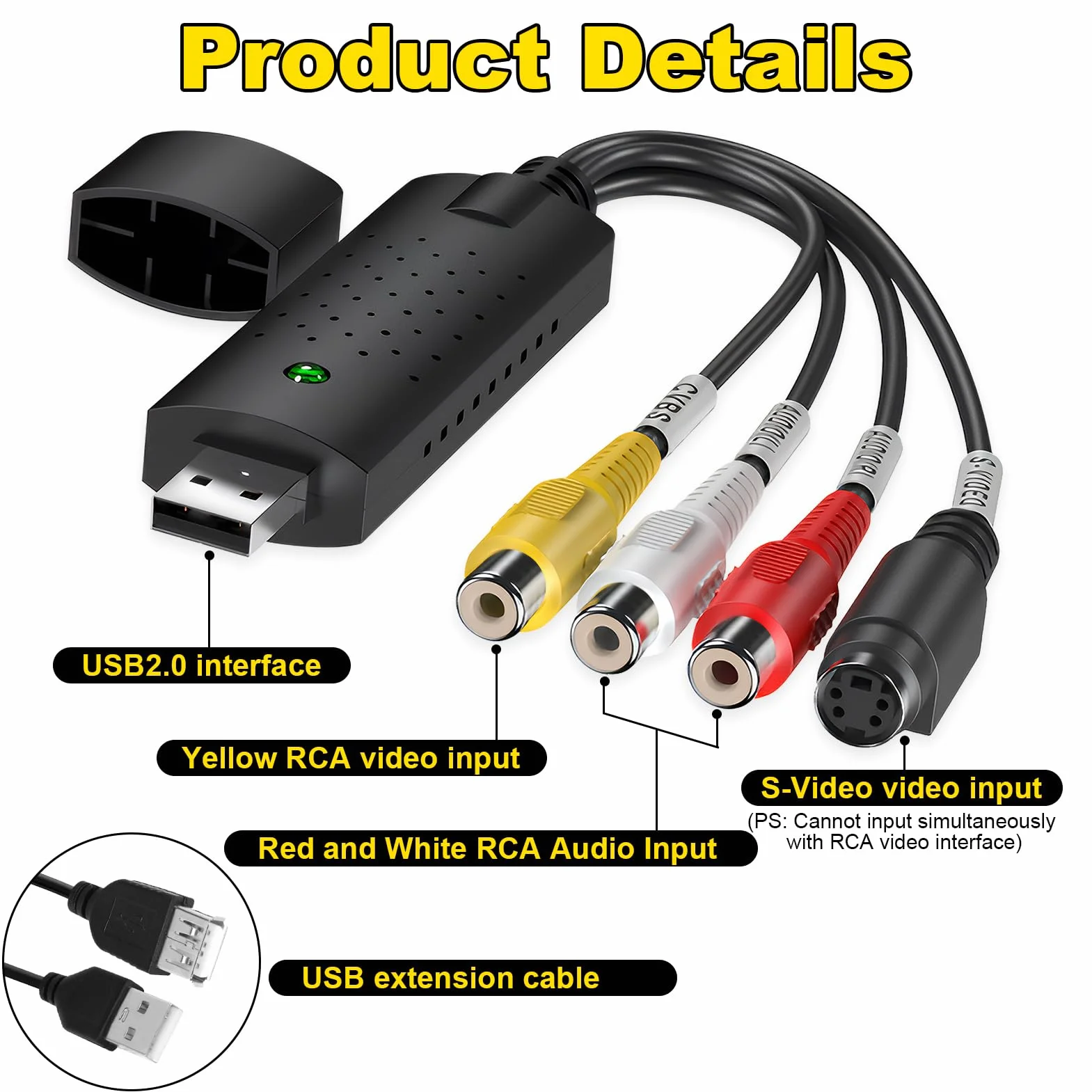 Convertidor VHS a Digital RCA Capturadora de Video y Audio USB Convertidor para VHS VCR TV DVD Analog zu Digital Video Konverter para Windows 11 10 8 7 Mac XP Vista Negro