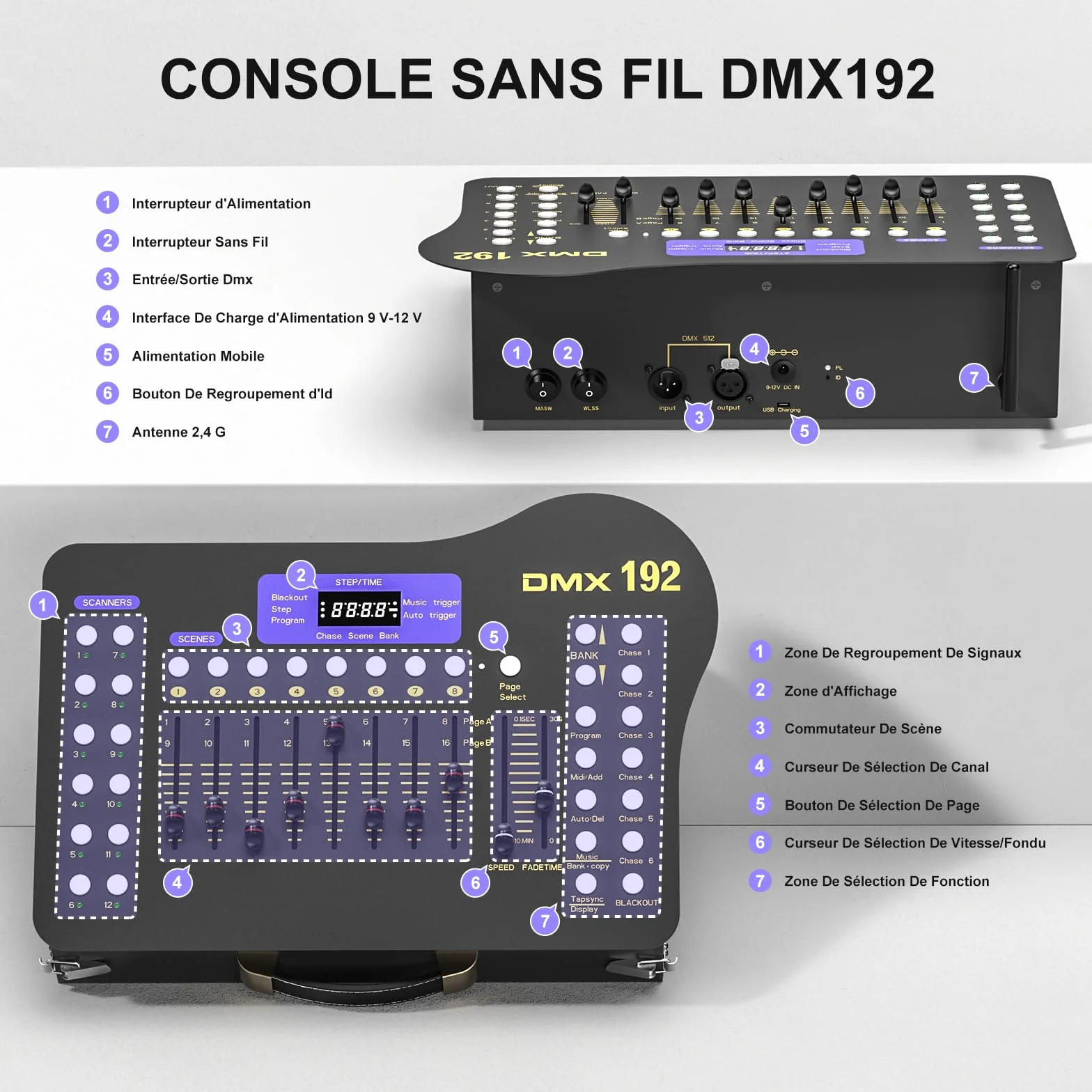 U`King DMX Controlador DJ de 192 canales con cajón, con transmisor DMX inalámbrico, para controlador DMX 512, fiesta, luz de discoteca, luz de fiesta de Halloween