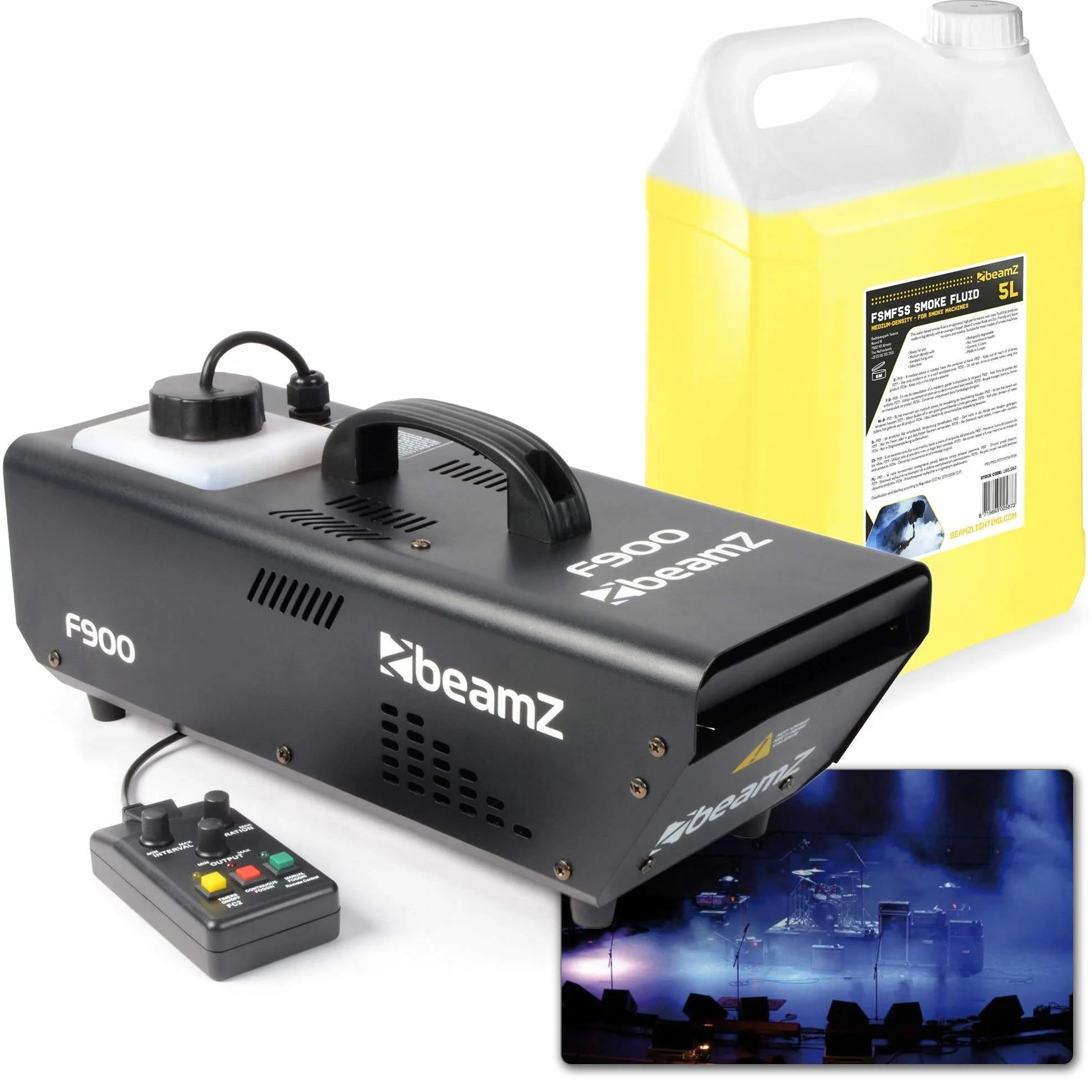 BeamZ F900 Hazer Pack de máquina de niebla + 5 litros de líquido de niebla, 900 W con mando a distancia, depósito de 900 ML, temporizado, generación de niebla constante, teatro, DJ, fiesta