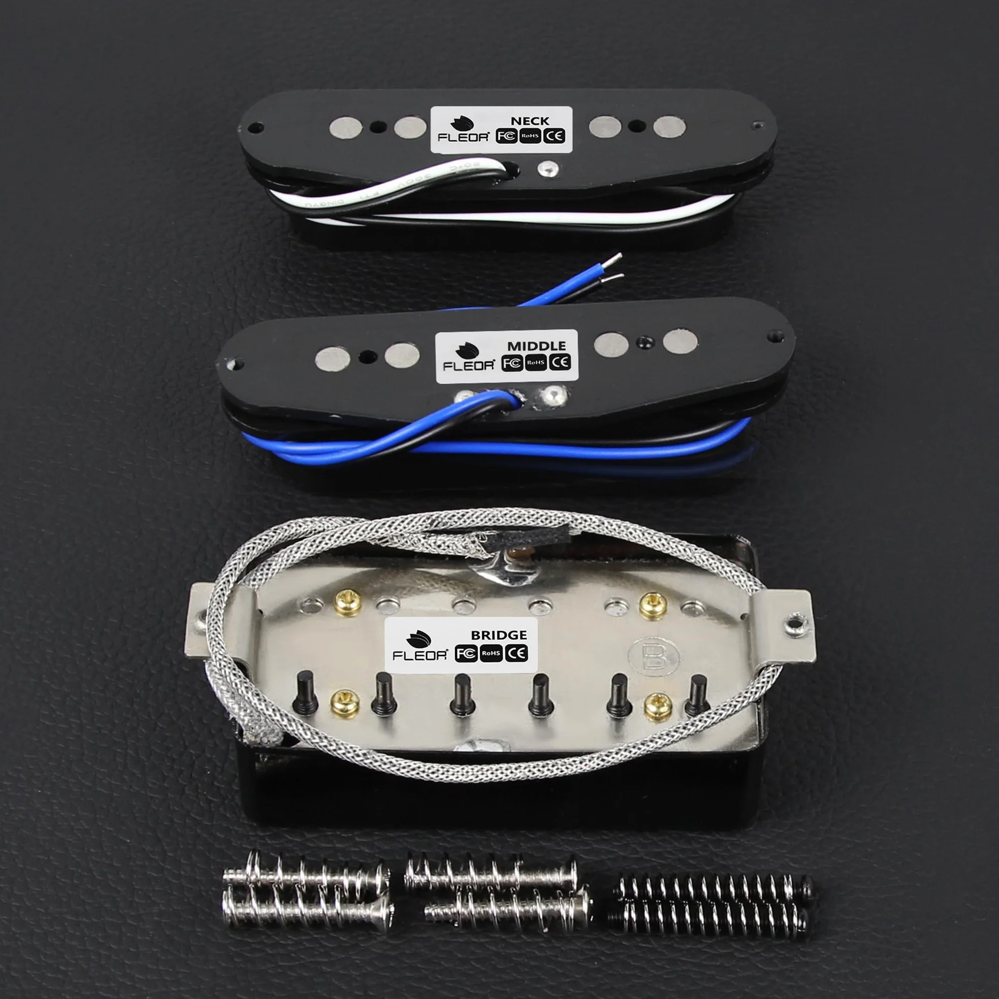 FLEOR Alnico - Juego de pastilla de bobina simple y humbucker de 5 postes planos y pastillas Humbucker cubiertas negras HSS N+M+B para guitarra estilo ST