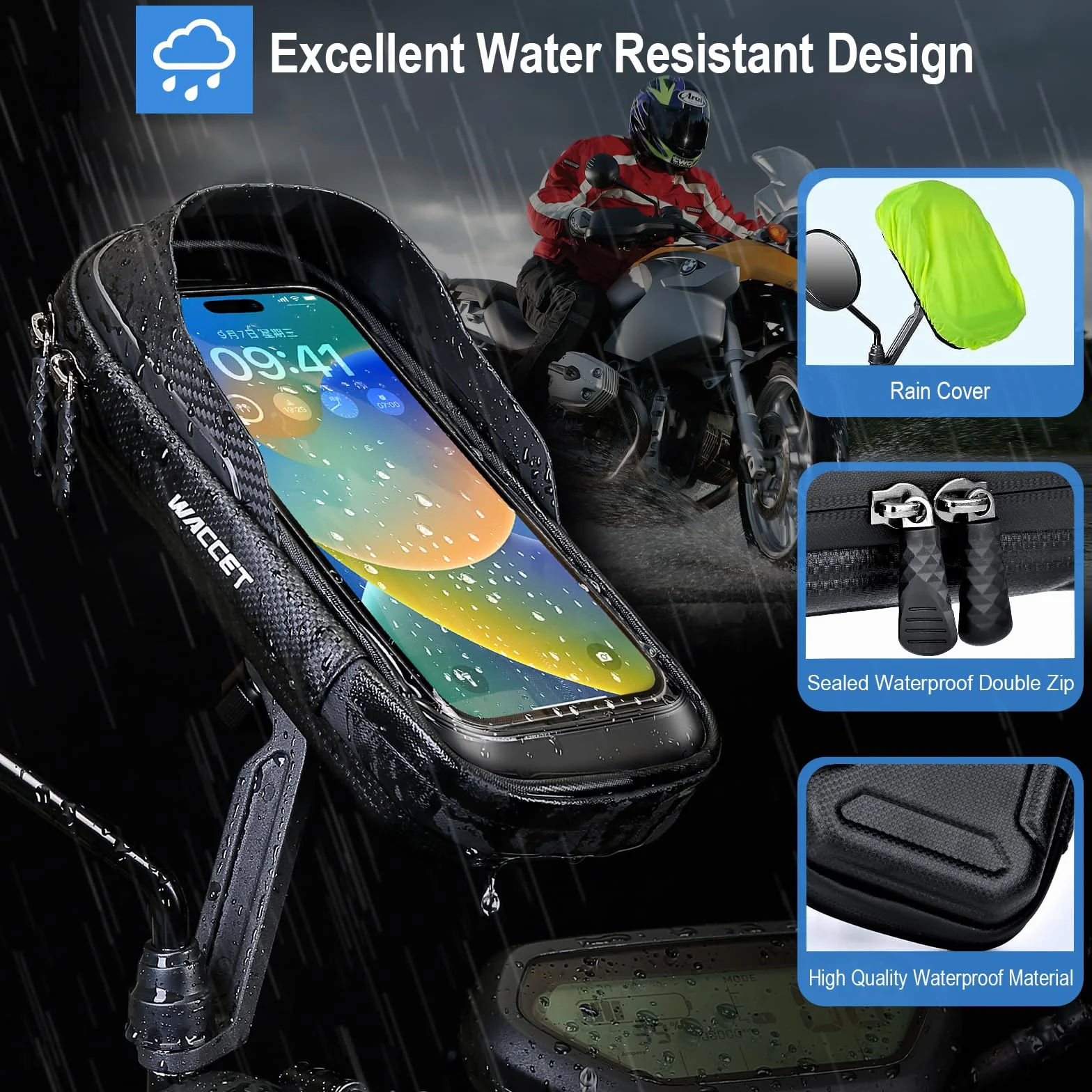 Soporte Movil Moto, Soporte Movil Scooter 360° Rotación Porta Móvil Moto Impermeable para Retrovisor con Pantalla Táctil para 4,0-7,2" Teléfono (Negro)