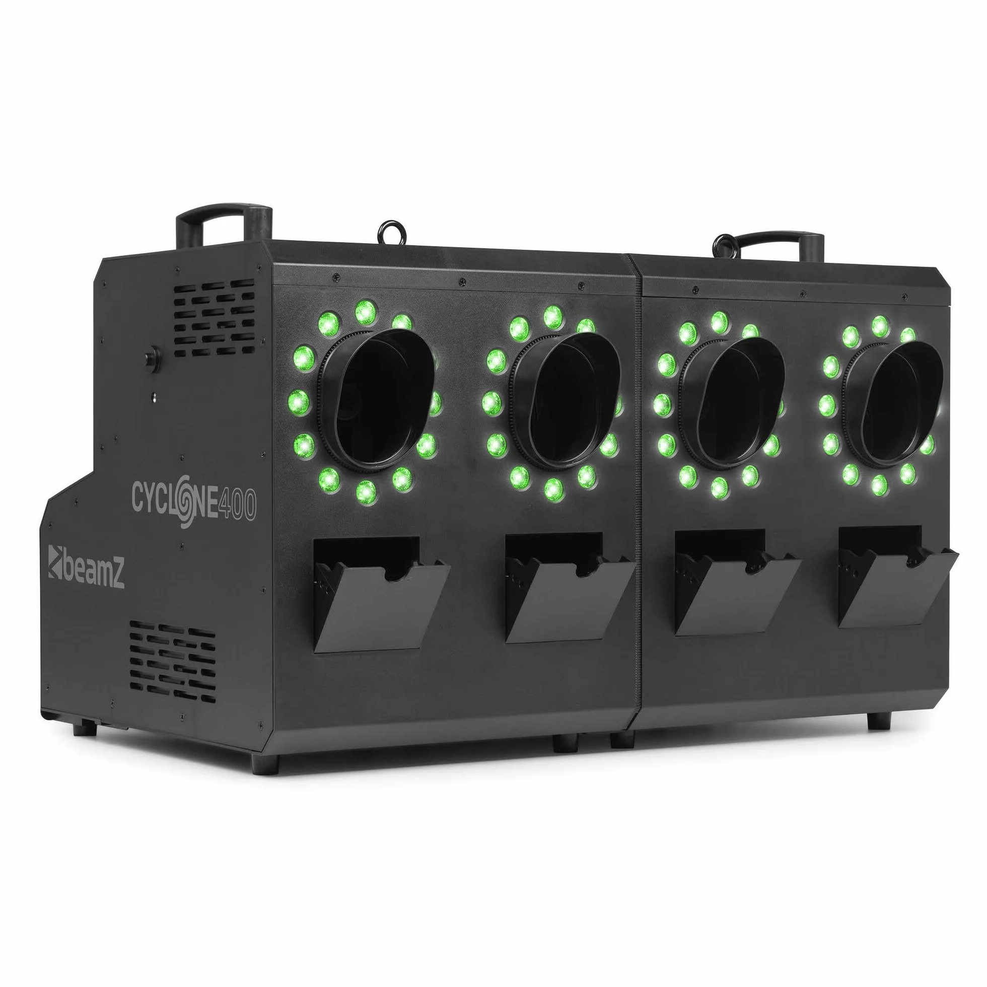 Beamz Cyclone400 - Máquina de Humo y Burbujas con 48 LED RGBW 500m³/min Control DMX Mando inalámbrico Efectos Especiales Fiestas Eventos Discoteca Halloween Decoracion Smoke Machine, Color Negro