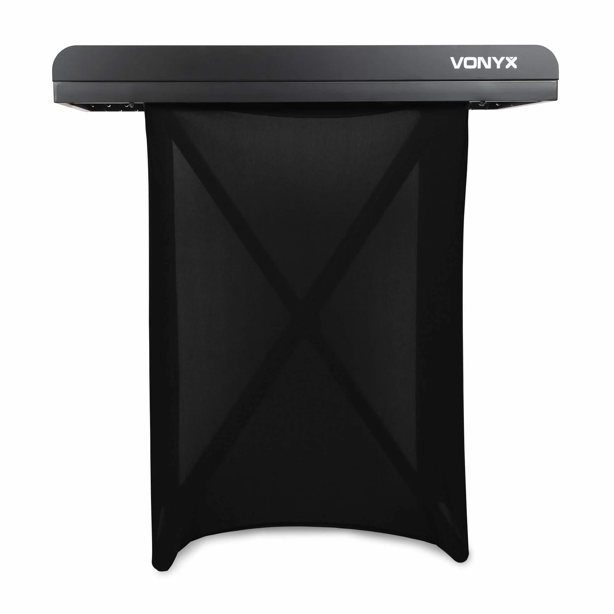 Vonyx DBE100 – Cabina DJ Plegable de 1 m de Ancho con Altura Regulable 80-99,2 cm, Mesa DJ portátil de Aluminio Negro con Lycra Negra ignífuga y Bolsa Transporte para DJ móvil
