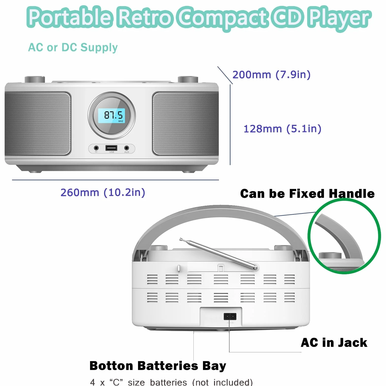 Radio CD Portátil Bluetooth USB MP3 Estéreo Boombox WTB791