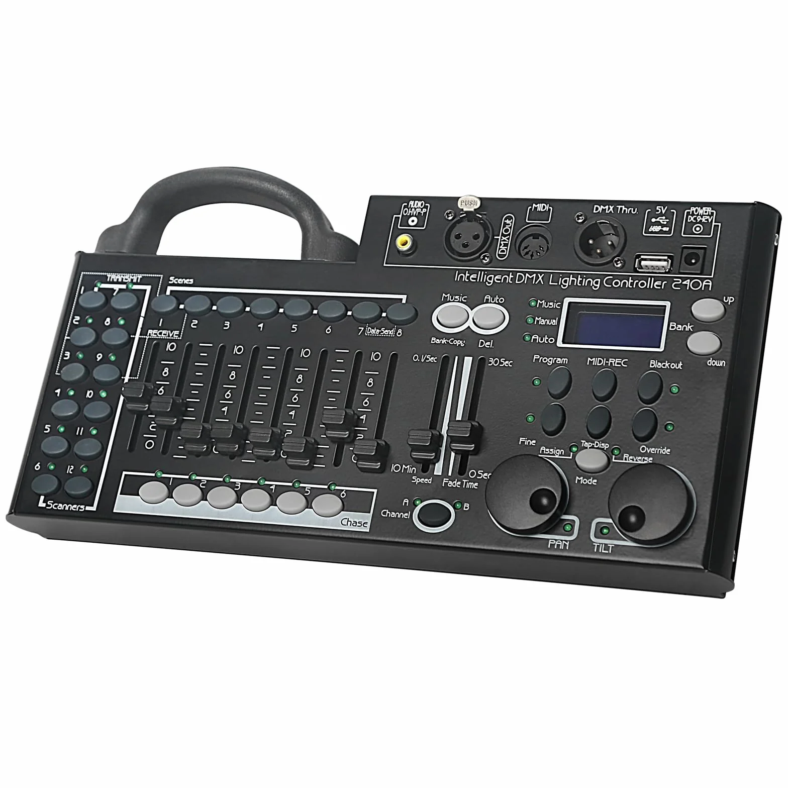 Consola de iluminación DMX, controlador DMX 512 de 240 canales para luces DJ, equipada con función de respaldo de datos USB, color negro