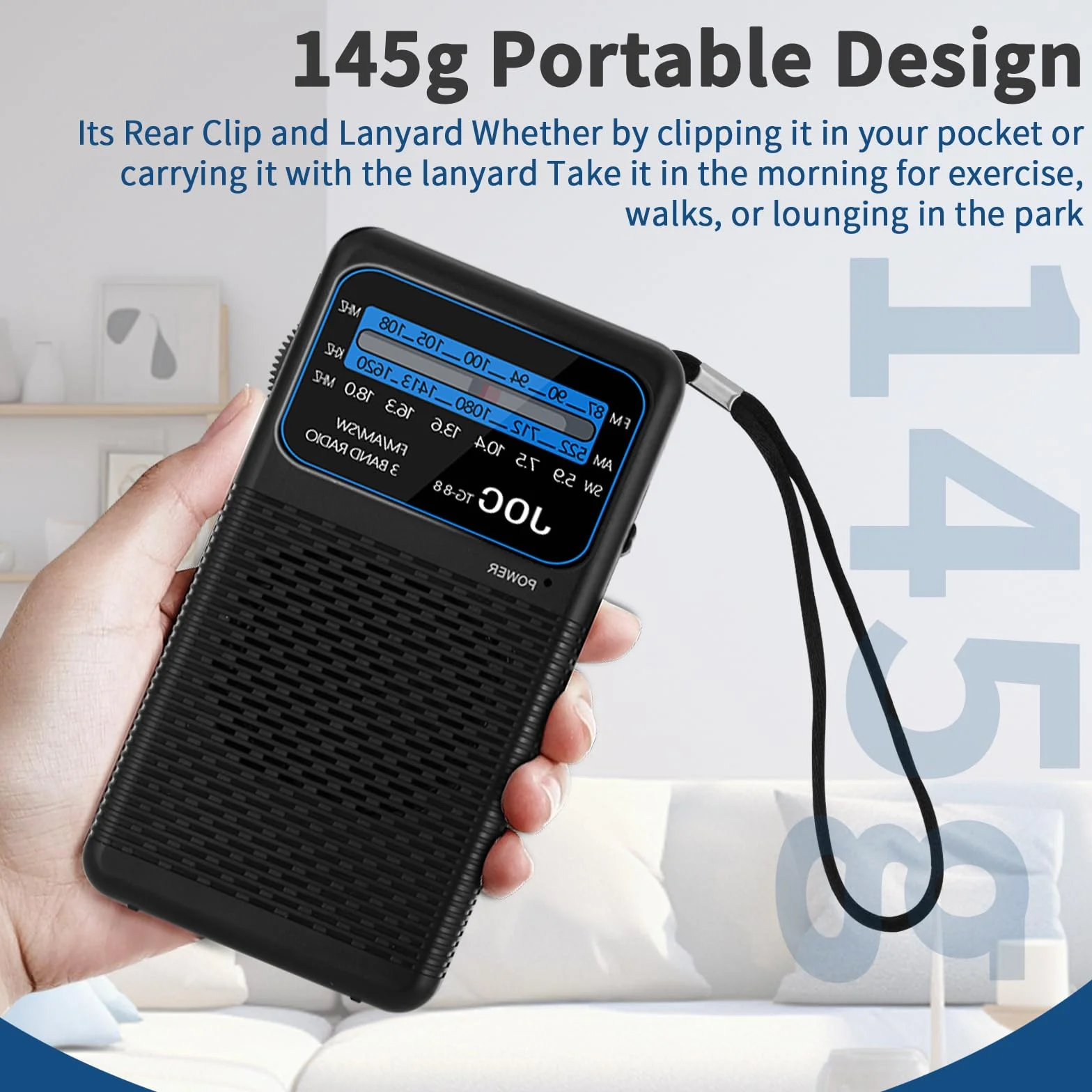 Radio Portatil Pequeña, Radios Am/FM Reproductor con práctico mosquetón, se Conecta a los Auriculares, Versátil, Negro
