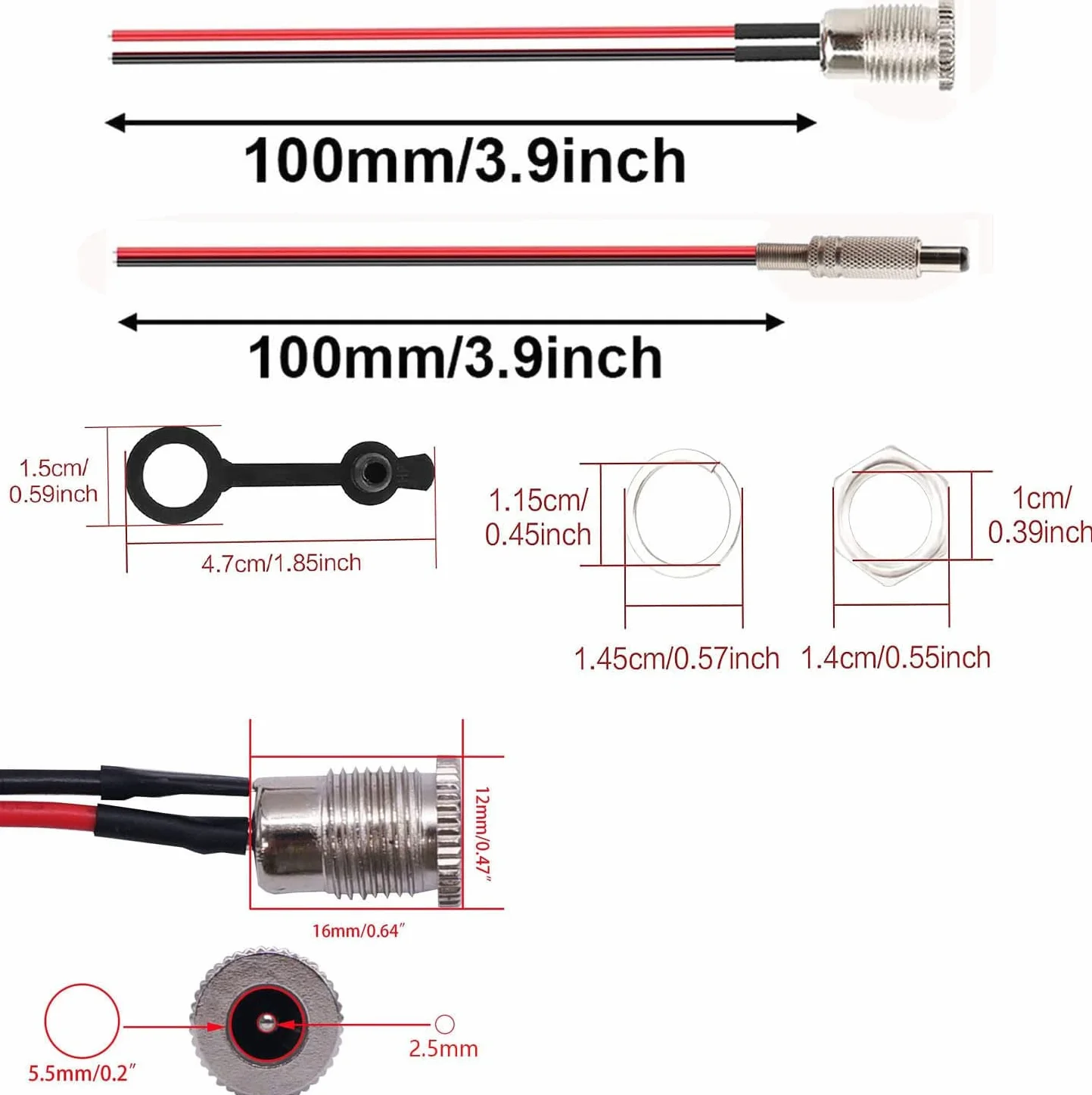 RUNCCI-YUN 5PCS 5,5mm x 2,5mm DC Connector,DC Power Jack Socket,Montaje En Panel DC Conector 5,5mm x 2,5mm+5PCS Tapa de Cubierta Impermeable+5PCS DC Power Pigtail Cable