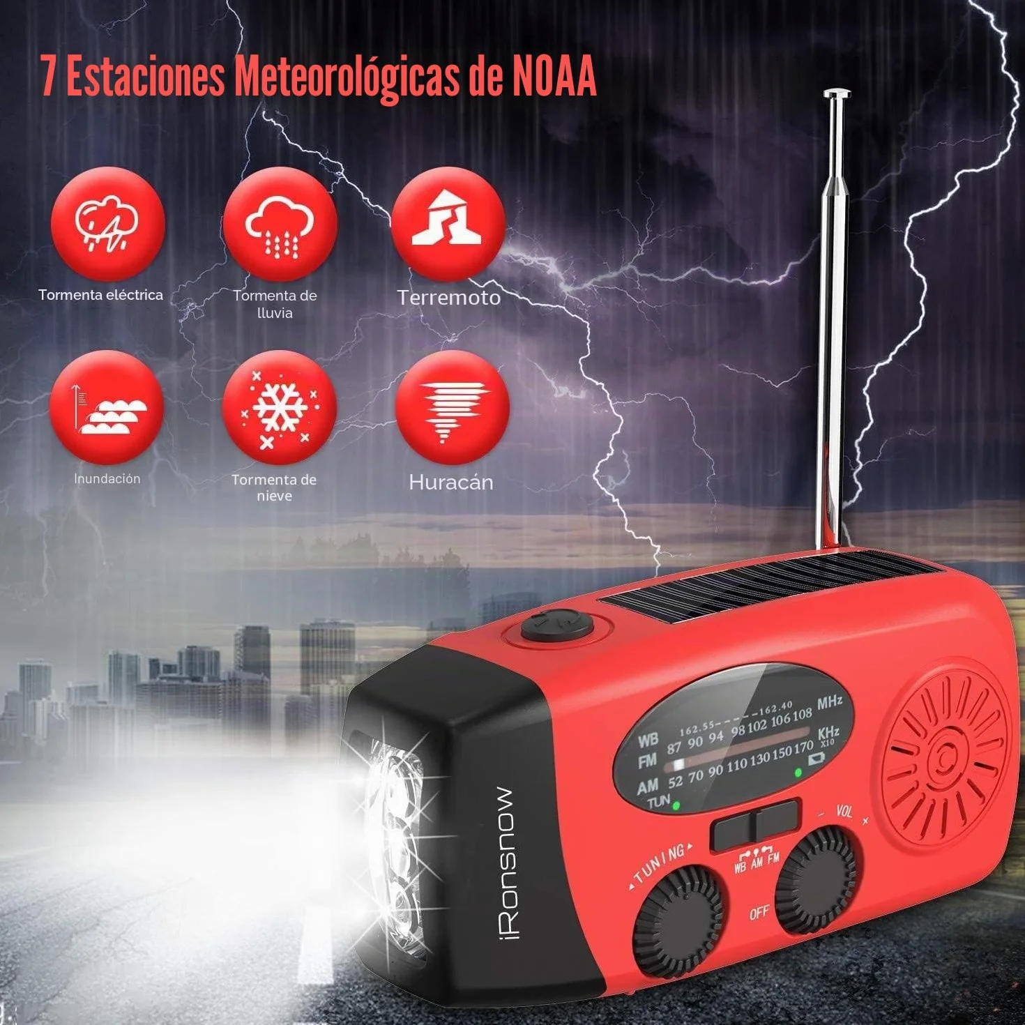 iRonsnow Radio de Emergencia, Radio Solar Portátil FM/Am/WB Manivela de la Mano Radio con 2000mAh Banco de Energía como Power Bank LED Linterna para Actividades Al Aire Libre y Emergencias