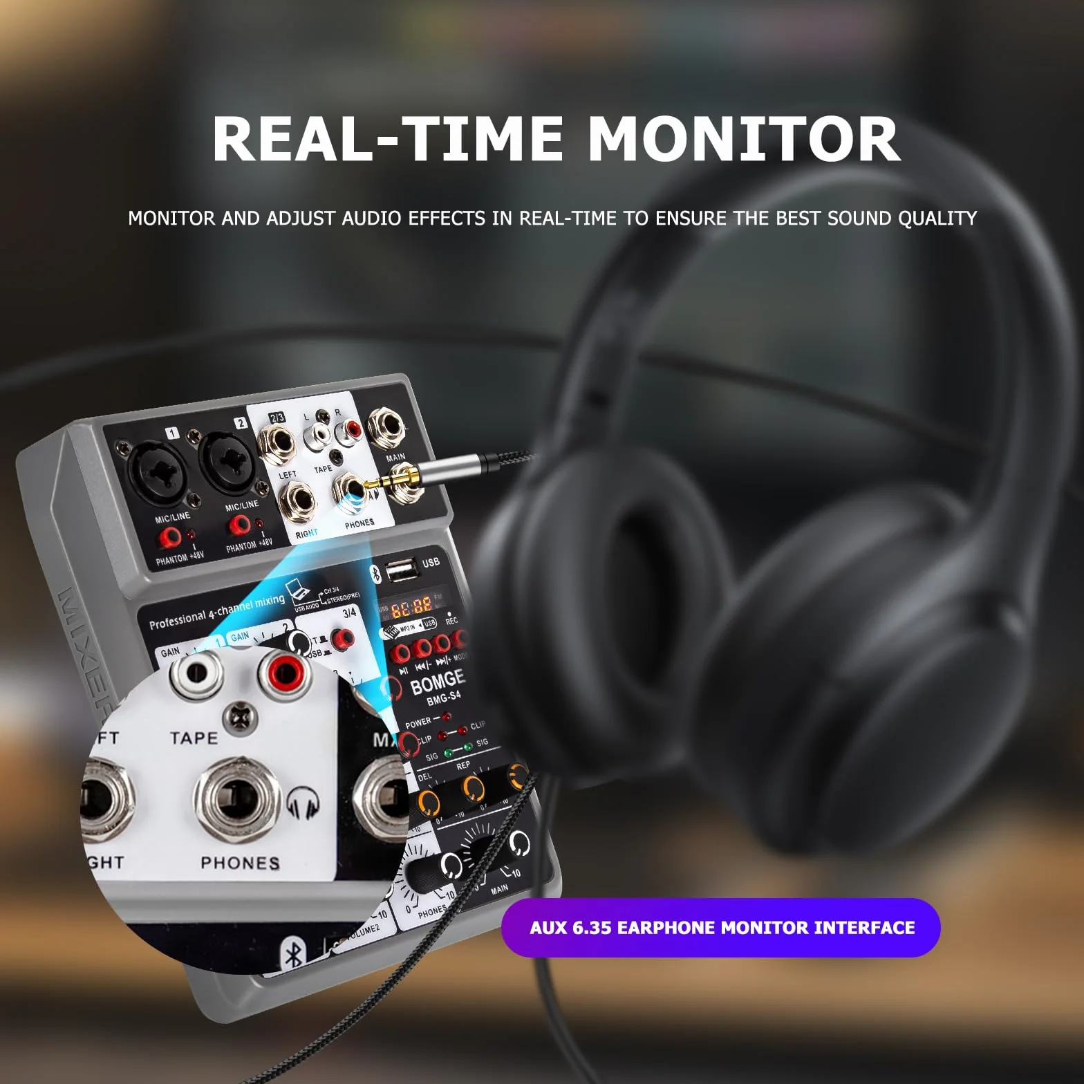 BOMGE Mezclador de audio profesional, consola de mezcla de placa de sonido con 4 canales digitales USB Bluetooth Echo Delay, entrada de 48 V Phantom Power Stereo DJ mezcladores para grabación