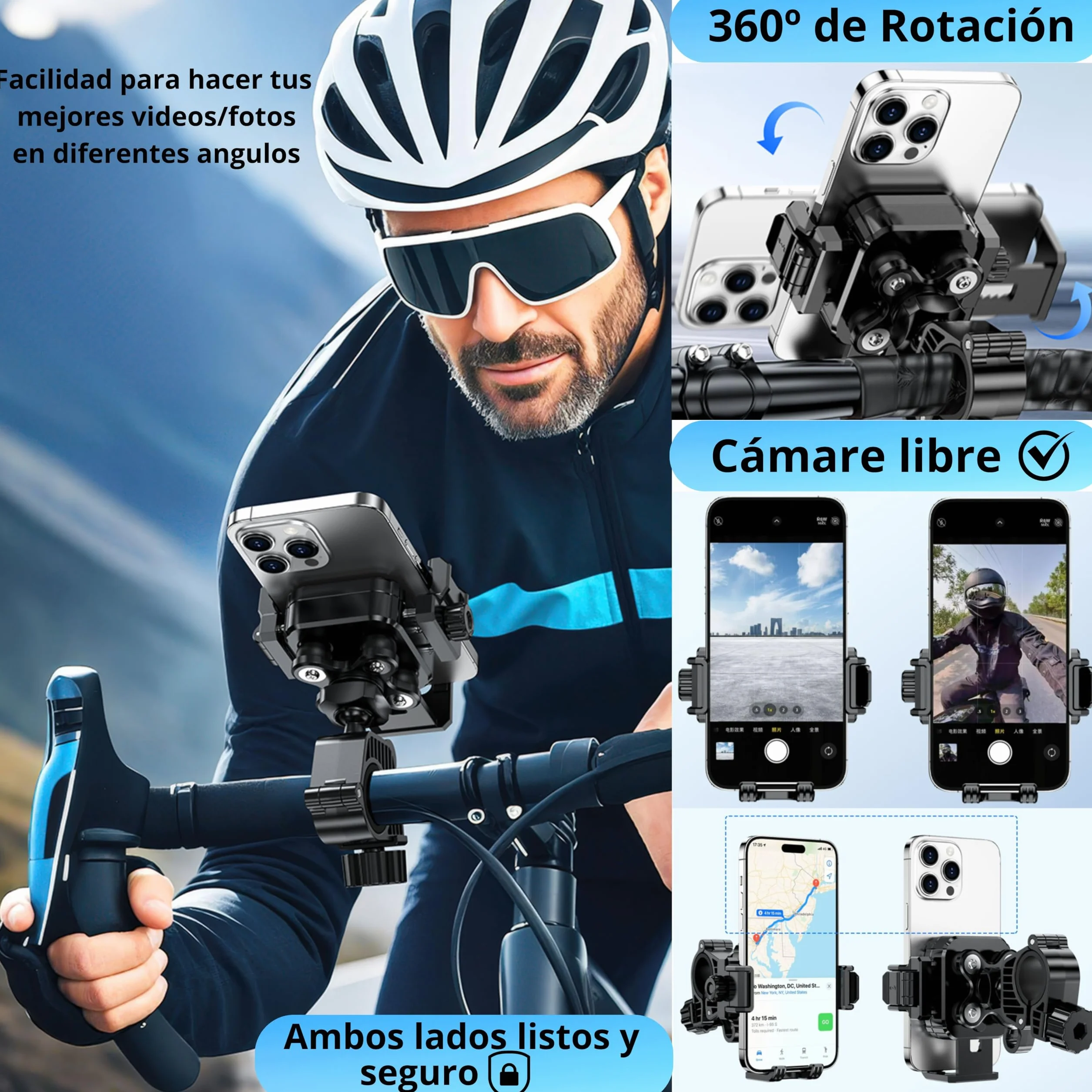 Soporte Móvil Antivibración y Antirrobo para Bicicleta, Porta Móvil Bici Liberación Rápida 360° para iPhone 13-17, Samsung, Xiaomi, 4.0"-7.0" Smartphone