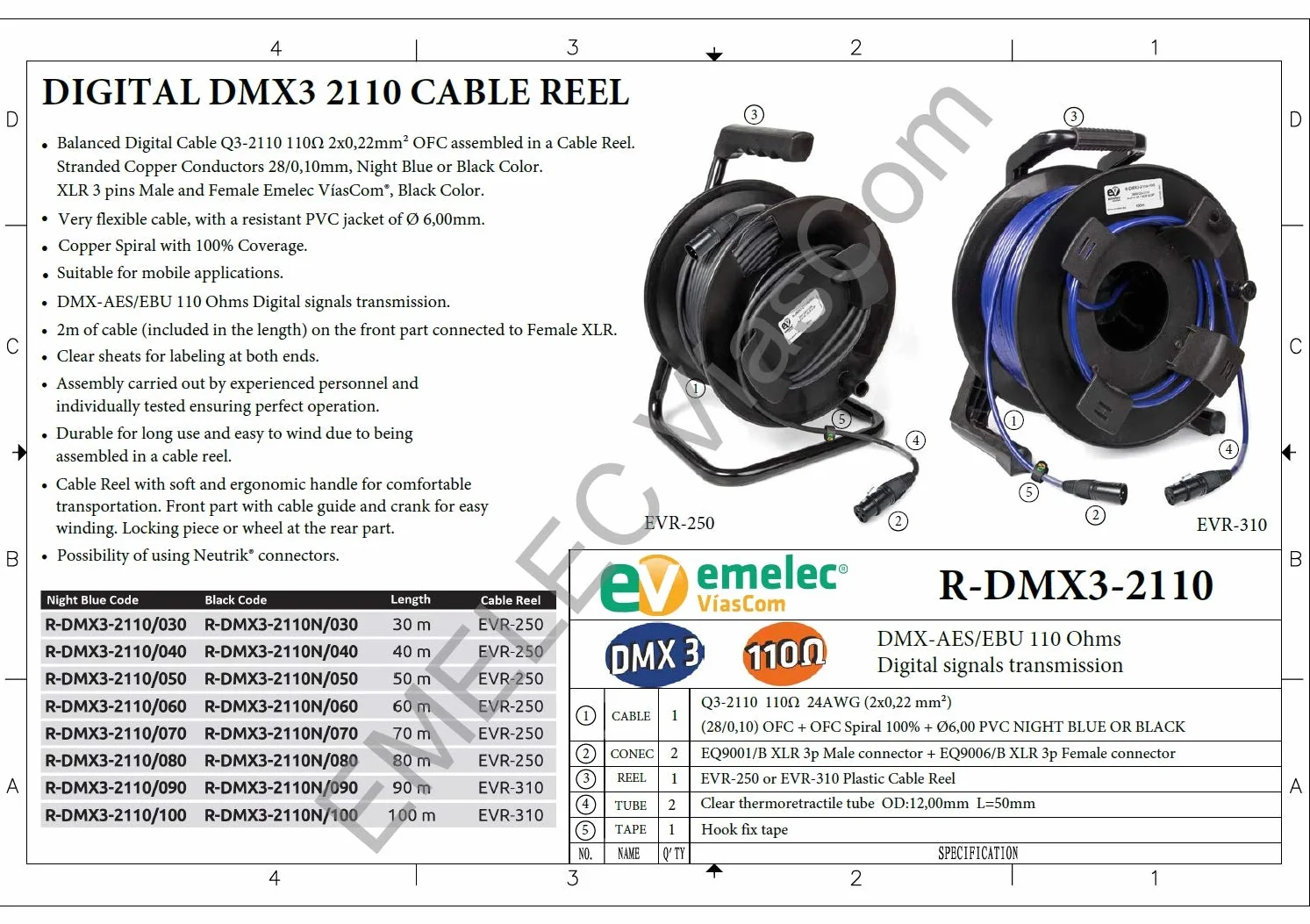 R-DMX3-2110N/050 – 50m Cable Balanceado Digital DMX 110Ω OFC 2x0,22mm² montado en Portacables con XLR 3 Pines – Color Negro – PVC Muy Flexible