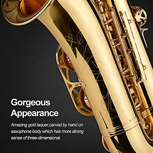 Saxofón tenor, cuerpo de latón, instrumento de viento de madera lacado dorado con estuche de transporte, guantes, paño de limpieza, cepillo y correas para el cuello