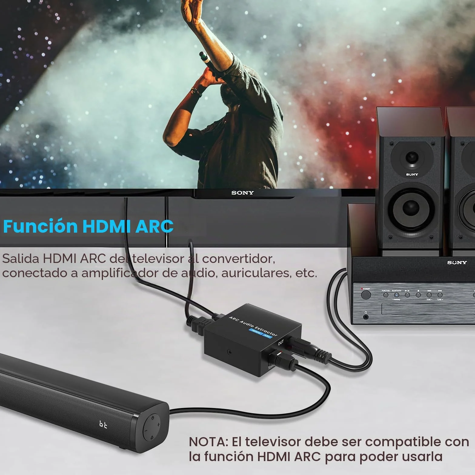 Extractor de Audio HDMI ARC 192 kHz Divisor SPDIF AUX RCA 3.5 mm Adaptador Óptico con Cable HDMI para Amplificador Barra de Sonido