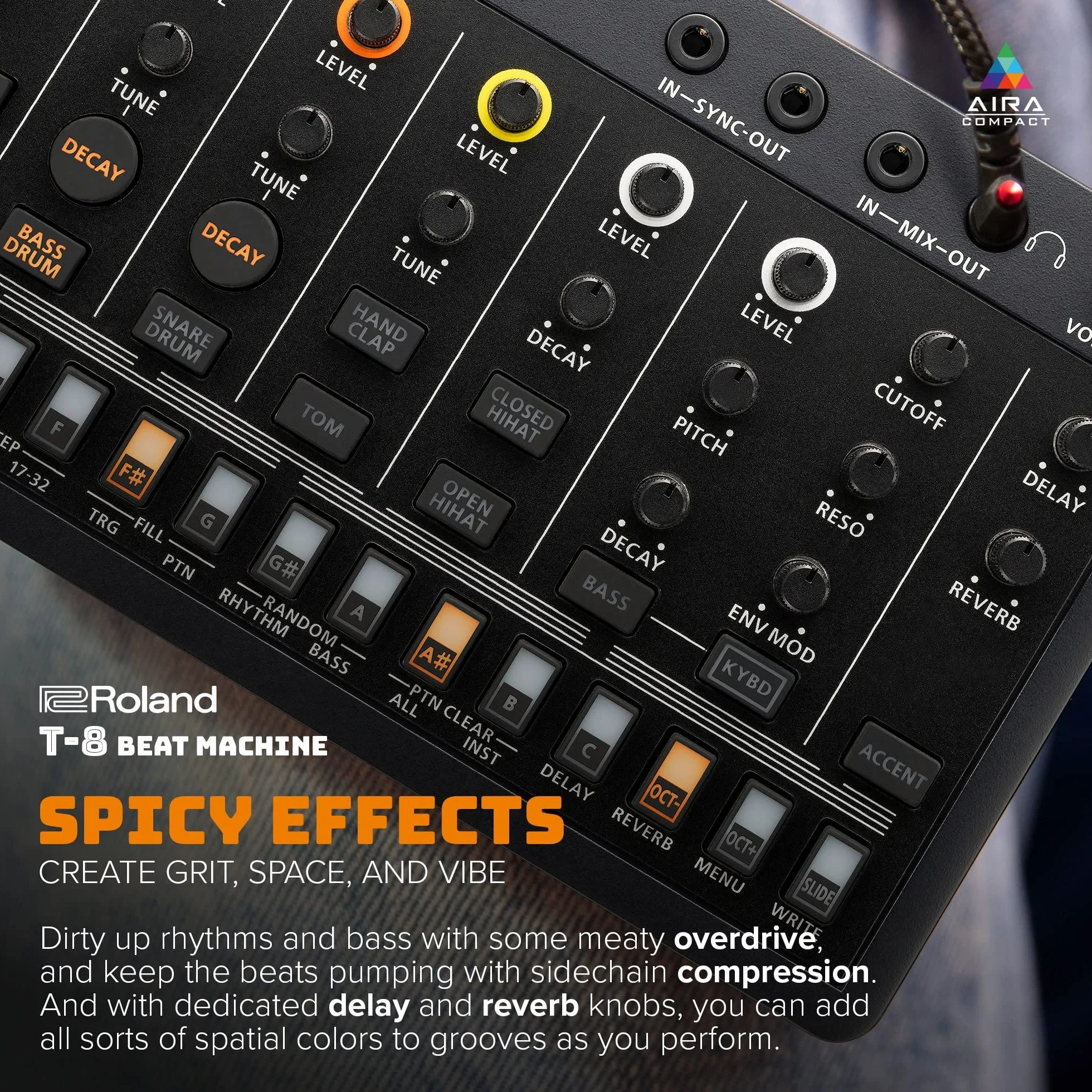 ROLAND AIRA Compact T-8 BEAT MACHINE | Máquina de ritmo y bajo ultraportátil con original Roland Sounds | Seis pistas rítmicas con sonidos de TR-808, TR-909 y TR-606, negras y naranjas