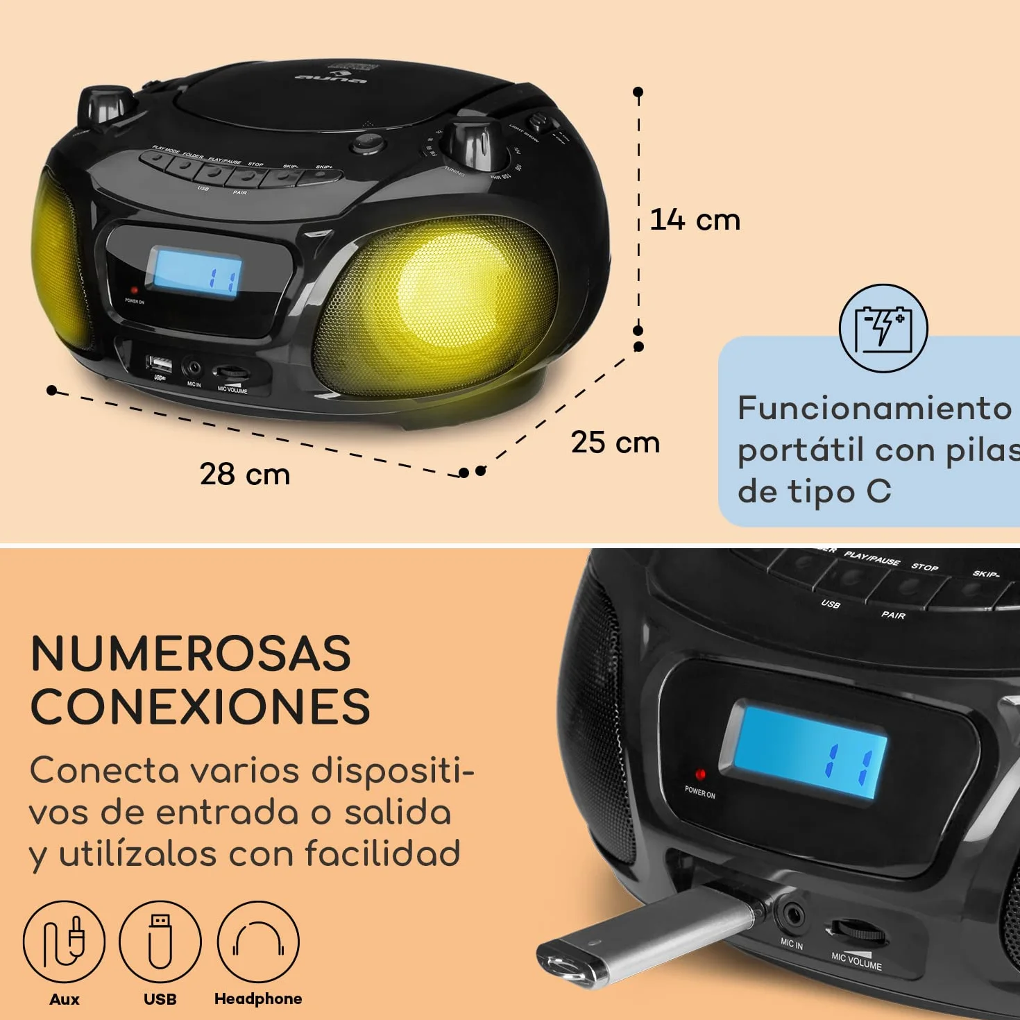 Auna Radio Portatil Pequeña con CD para Casa de 3W, Boombox FM+ Radio con Bluetooth + AUX Sonido Estéreo, Pantalla LED y Luces, con Asa, Transistores Radio Digital con USB, MP3, Carga Eléctrica