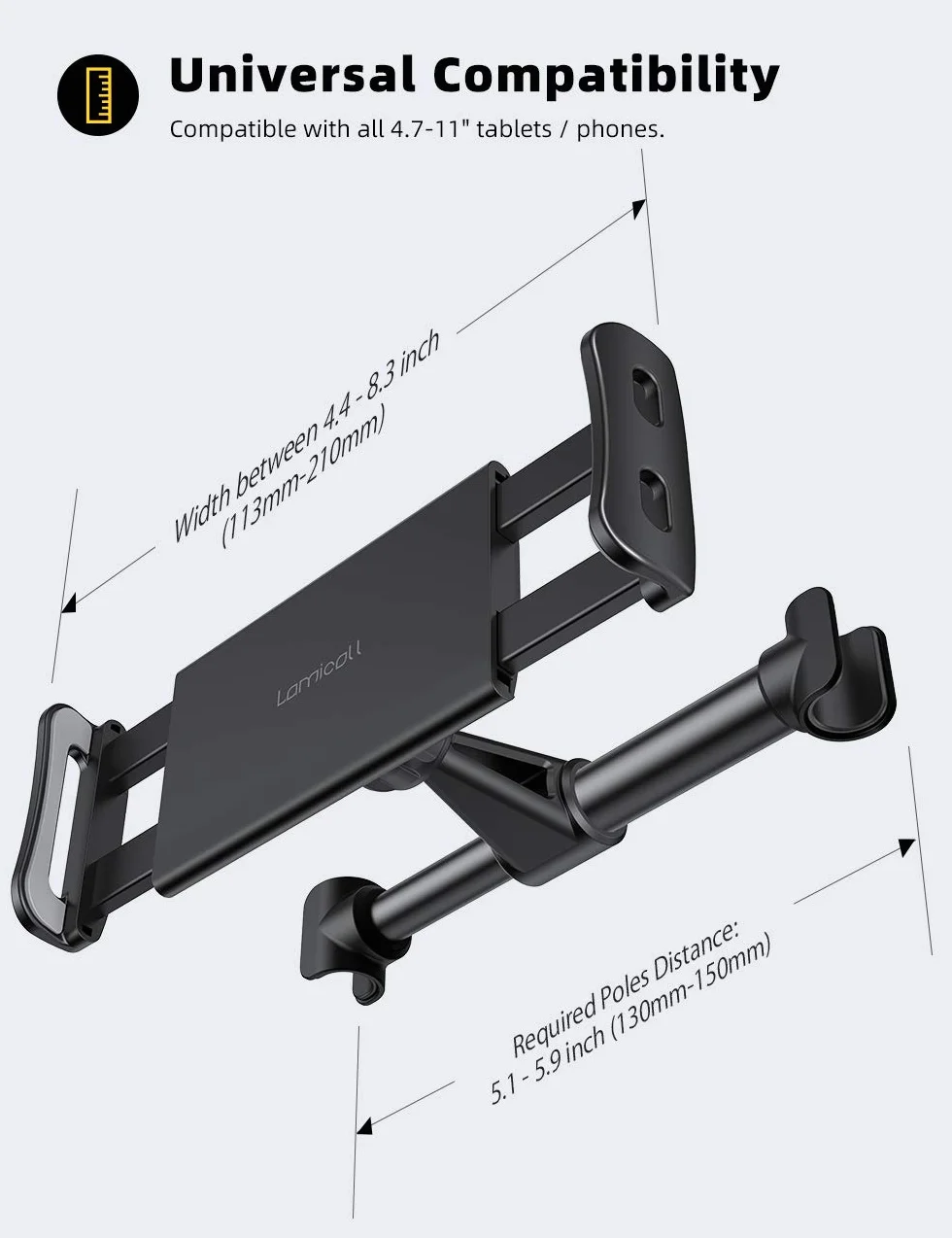 Lamicall Soporte universal para tablet para coche, soporte para reposacabezas de coche para iPad Air Mini 5 4 3 2 Pro 9.7, 10.2, 10.5, 11, Samsung Tab, Tablet y Smartphone de 4,7-11 pulgadas