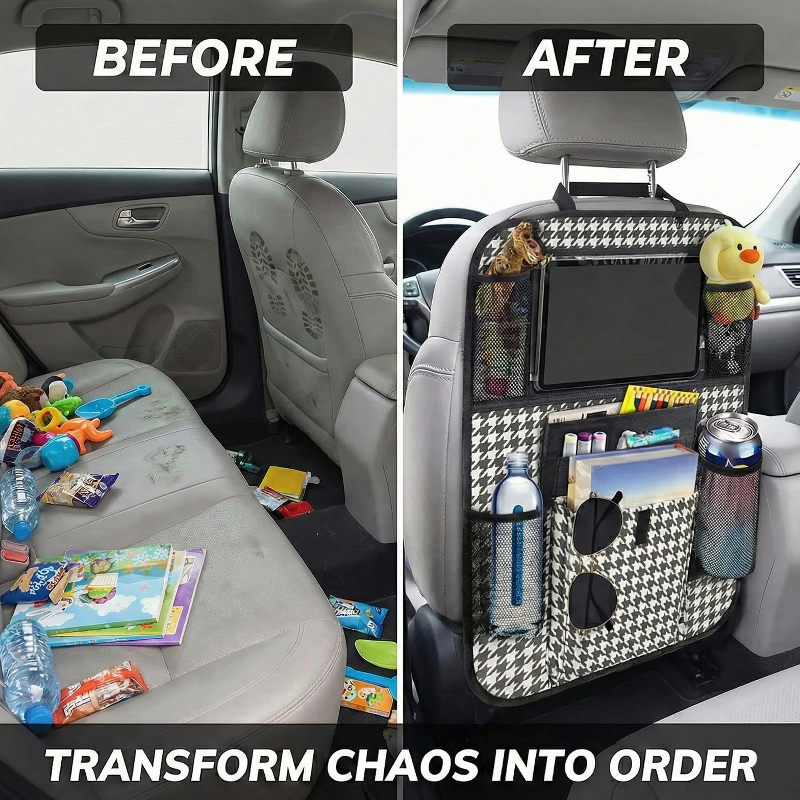 Soporte Tablet para Coche Reposacabezas Universal 4,7-13 Pulgadas para iPad y Móvil, con Portavasos y Espacio de Almacenamiento, Ideal para Tablet Niños