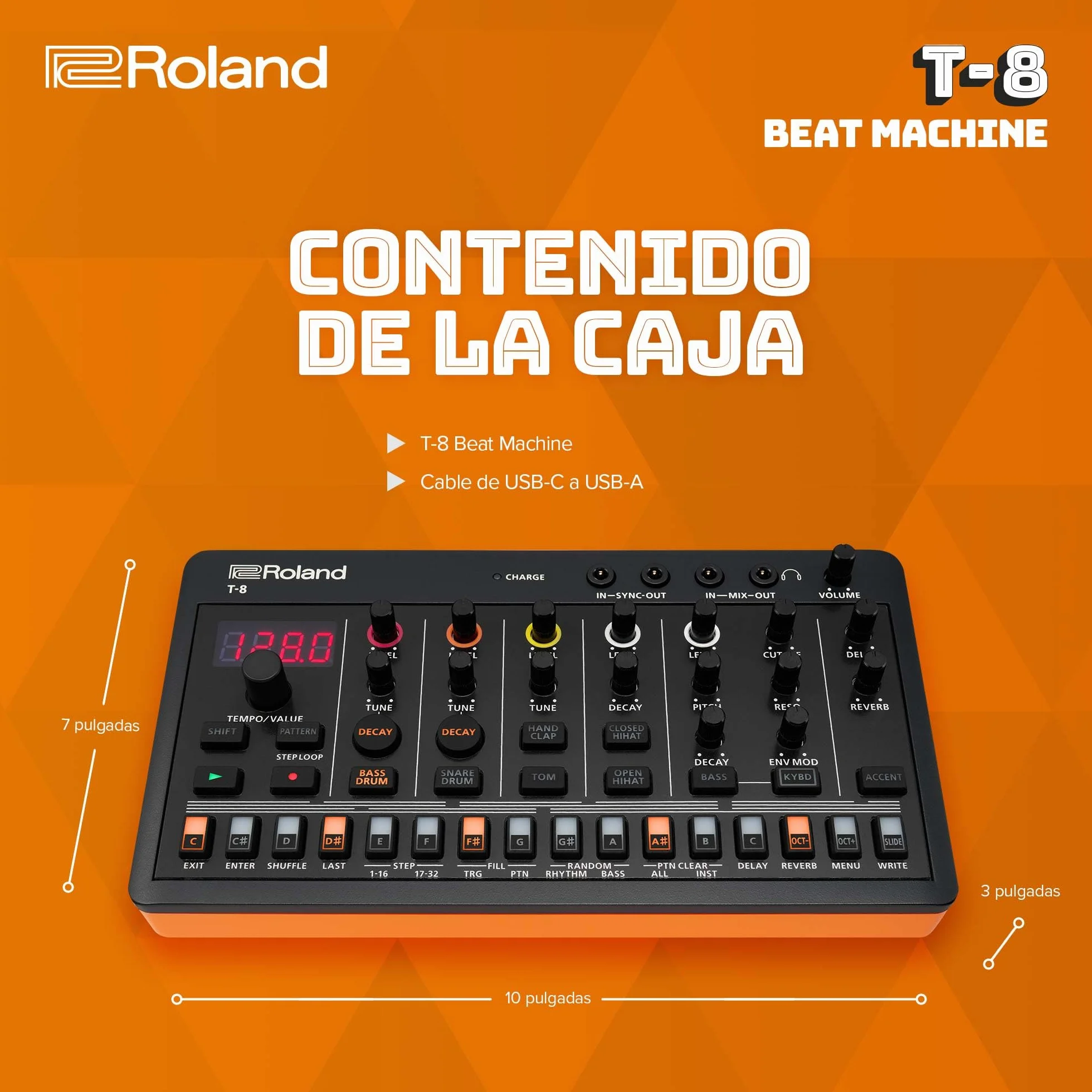 ROLAND AIRA Compact T-8 BEAT MACHINE | Máquina de ritmo y bajo ultraportátil con original Roland Sounds | Seis pistas rítmicas con sonidos de TR-808, TR-909 y TR-606, negras y naranjas