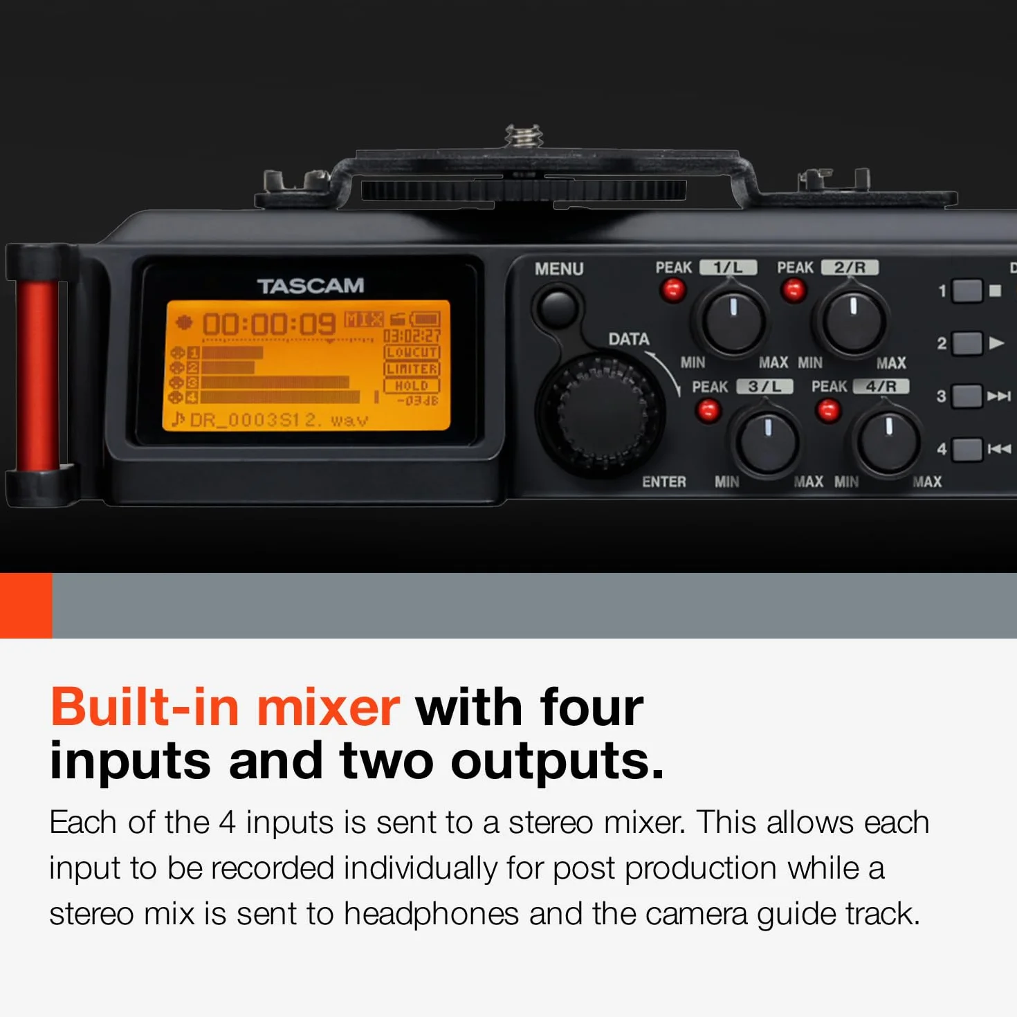 TASCAM Grabadora de audio portátil de 4 canales para videógrafos, 4 entradas combinadas XLR/TRS, 2 micrófonos internos, limitador, filtro HP (DR-70D)