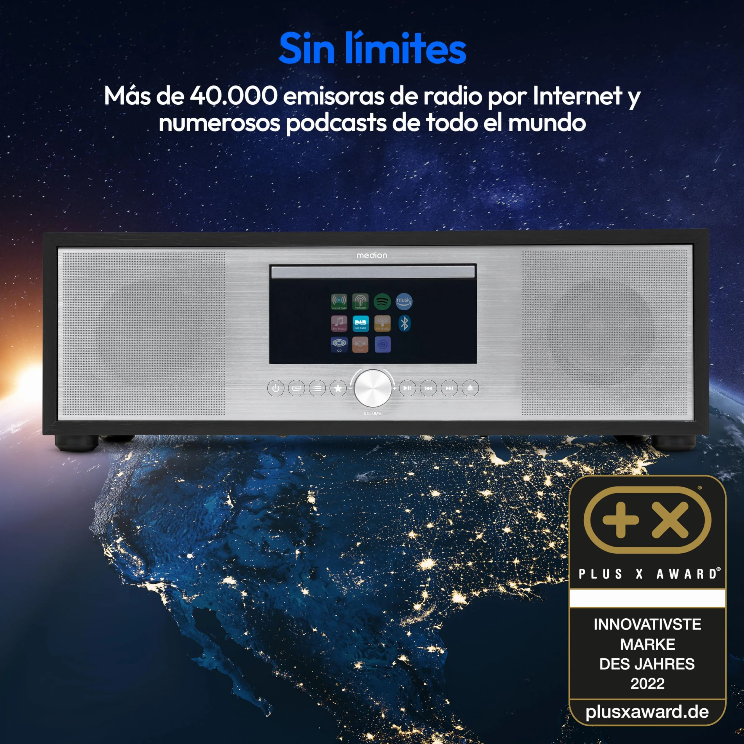 MEDION P66400 Sistema de Audio 2.1 All in One con Subwoofer Plata Radio Internet Dab+ CD MP3 Spotify