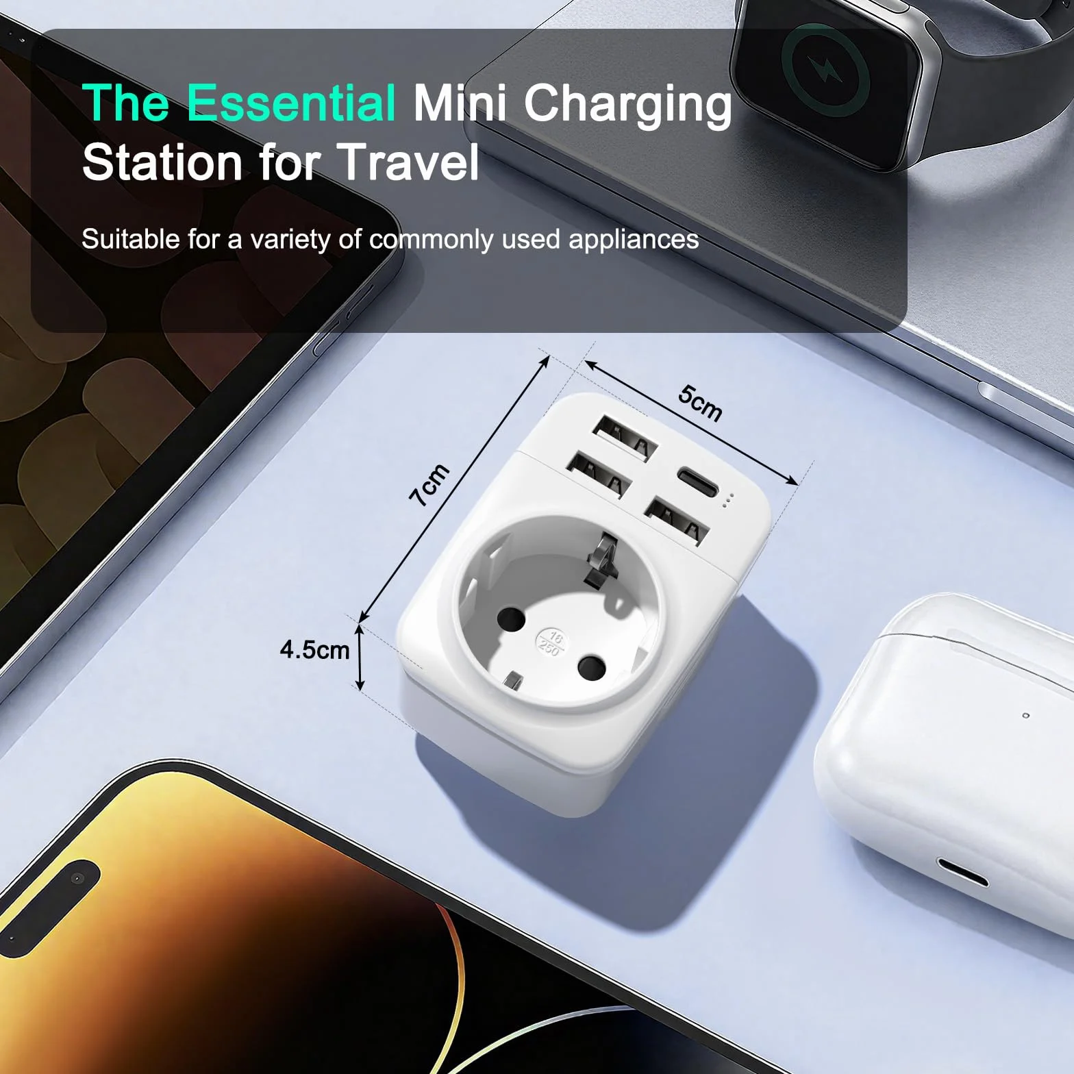 Hoppac 5 en 1 Adaptador Enchufe UK Tipo G con 3 USB A y 1 USB C para Viajes