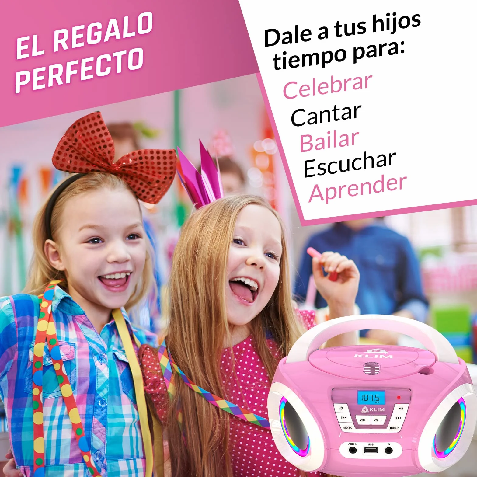 KLIM Candy Reproductor de CD para niños Radio FM Baterías Incluidas USB AUX Rosa