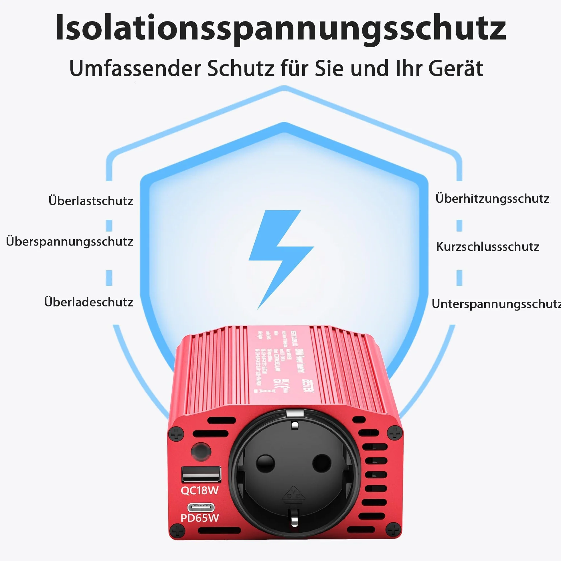 BESTEK Inversor 12v 220v 300W,Transformador 12V a 220V Convertidor Onda con 2 AC Tomas Y 2 USB-C (65 W y 30 W) 2 USB-QC (18 W) sinusoidal con Protección para Barco,Caravana,Coche