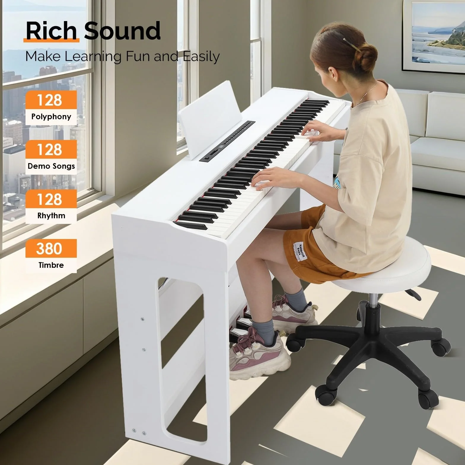 LEADZM Piano Digital de 88 Teclas, Teclado Contrapesado, Piano Eléctrico con MIDI USB, Audio Bluetooth y Altavoces Estéreo, 128 Tonos y Ritmos, Sistema de 3 Pedales (Blanco)