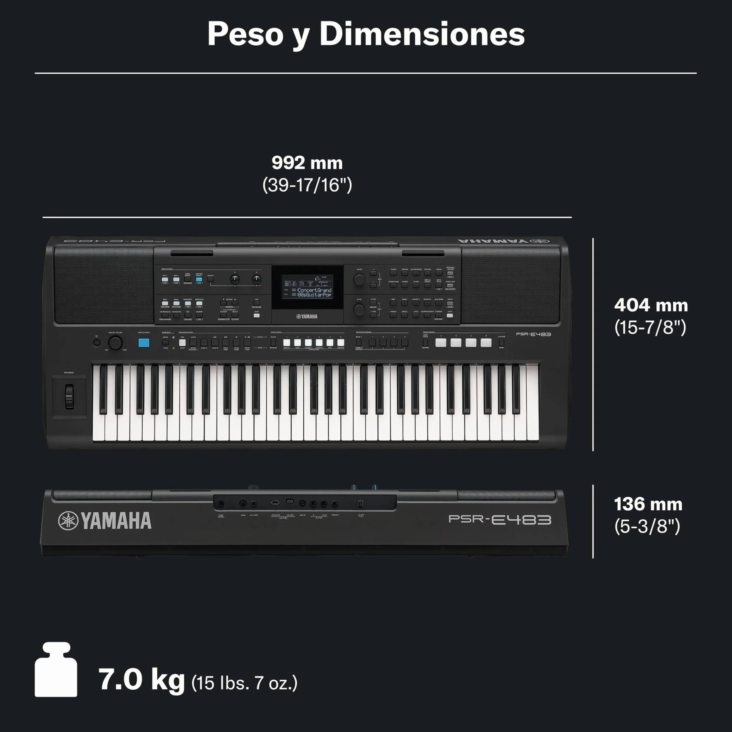 YAMAHA PSR-E483 – Teclado portátil moderno con 61 teclas sensibles a la pulsación, 860 Voces con 15 Super Articulation Lite, 345 Estilos, altavoces de alta potencia y USB-C – Negro