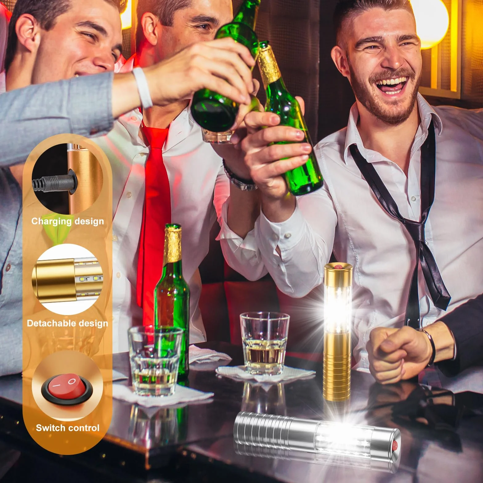 Bengalas LED estroboscópicas para servicio de botellas, luz recargable, luz de mano lámpara luminosa LED fluorescente para discotecas karaoke bodas fiestas suministros de actividades (6, Gold)