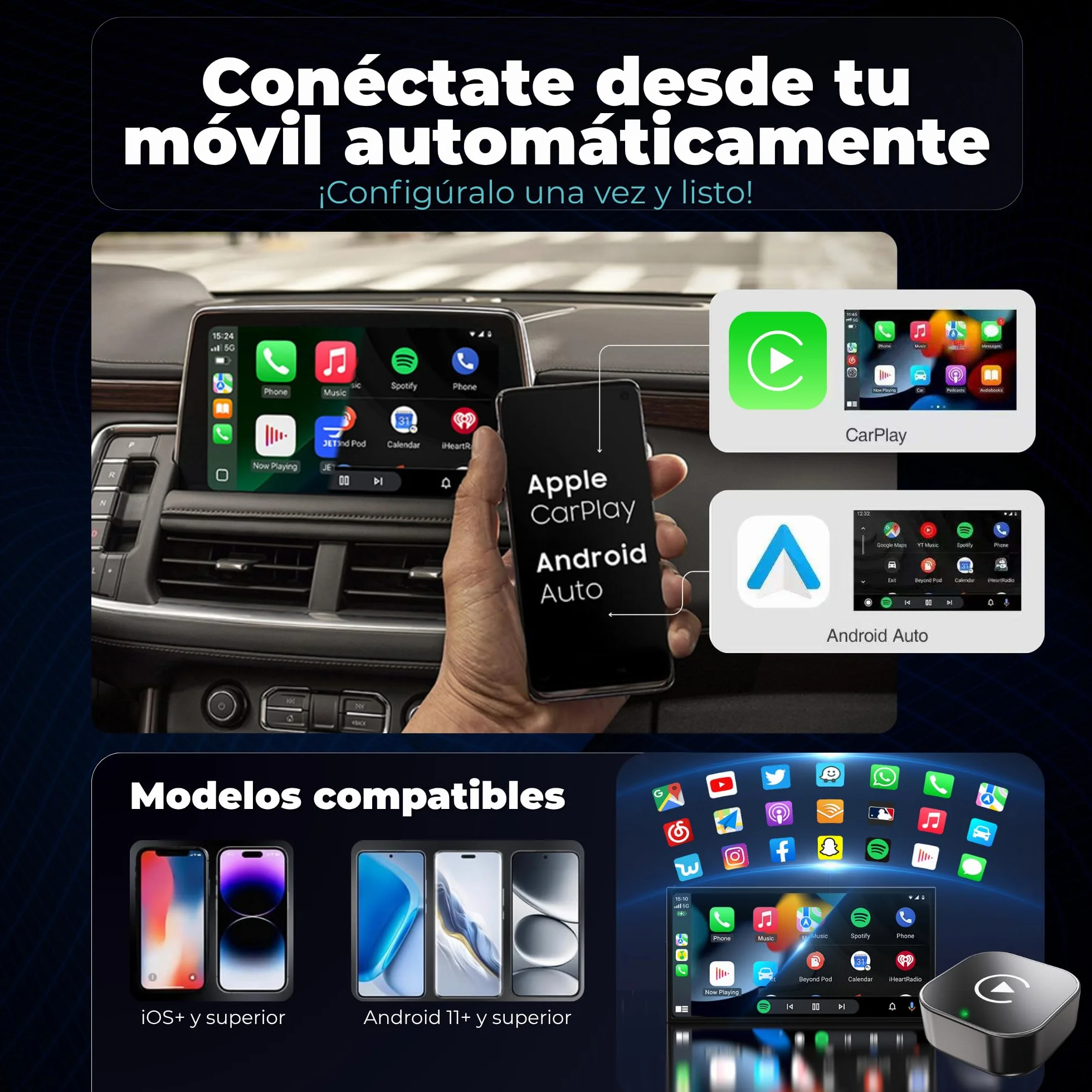 Adaptador CarPlay Inalámbrico y Android Auto Inalámbrico 2 en 1 Mini Versión 2026, Dongle USB-A/USB-C Plug & Play para Coches con CarPlay o Android Auto por Cable