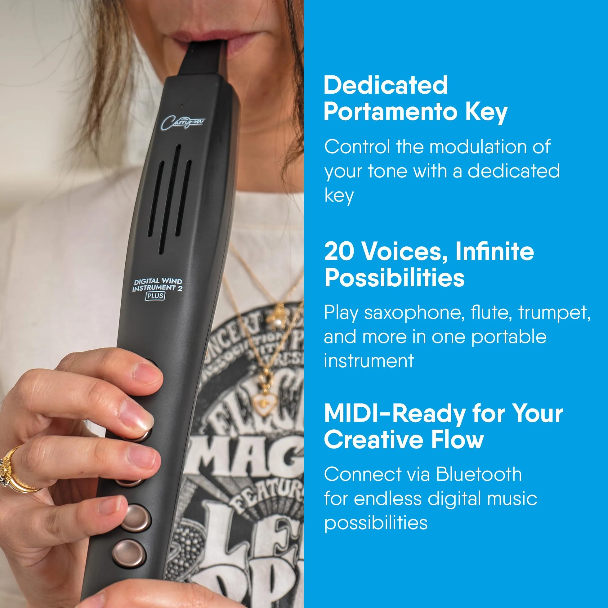 Carry-on Instrumento de viento digital 2 Plus - 20 voces, batería recargable USB integrada, salida de auriculares para práctica silenciosa, grabadora digital midi a través de Bluetooth, color negro