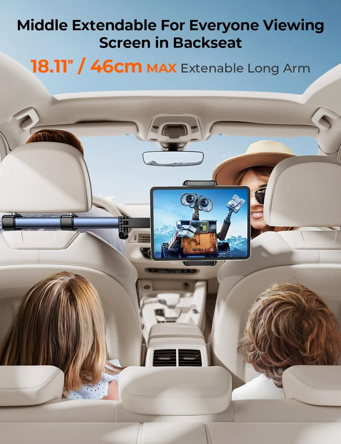 TRYONE Soporte Tablet Coche Reposacabezas 46CM Brazo Largo 3 en 1 Porta Accesorios para iPad Pro Sumsung Tab eReader Switch Móviles 4,7-13 Pulgadas