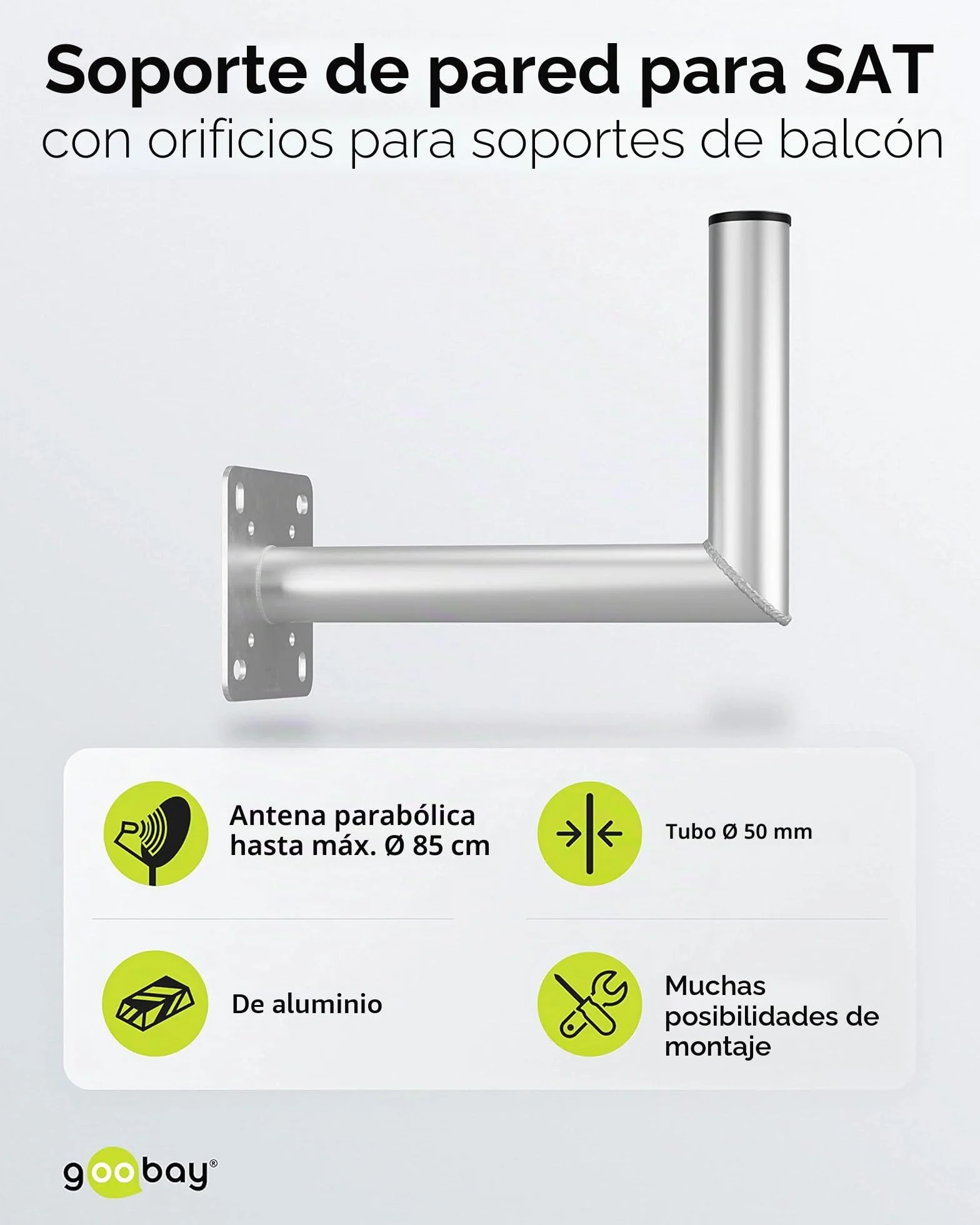 goobay 60503 - Soporte de pared para antena parabólica de hasta 85 cm, soporte para mástil, soporte angular, soporte de pared, soporte de antena con distancia a la pared de 350 mm