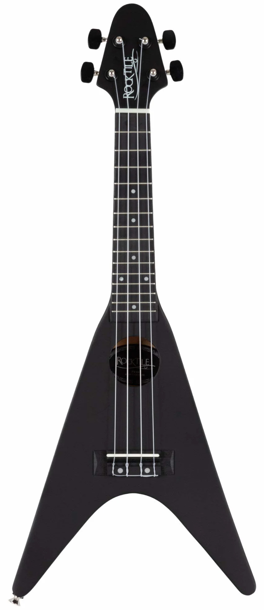 Rocktile FV-04 BK Ukulele soprano heavy, mensura 343 mm, longitud 60,5 cm, cuerpo y mástil de tilo, cuerdas Aquila Super Nylgut, 2 pines para correa, color negro.
