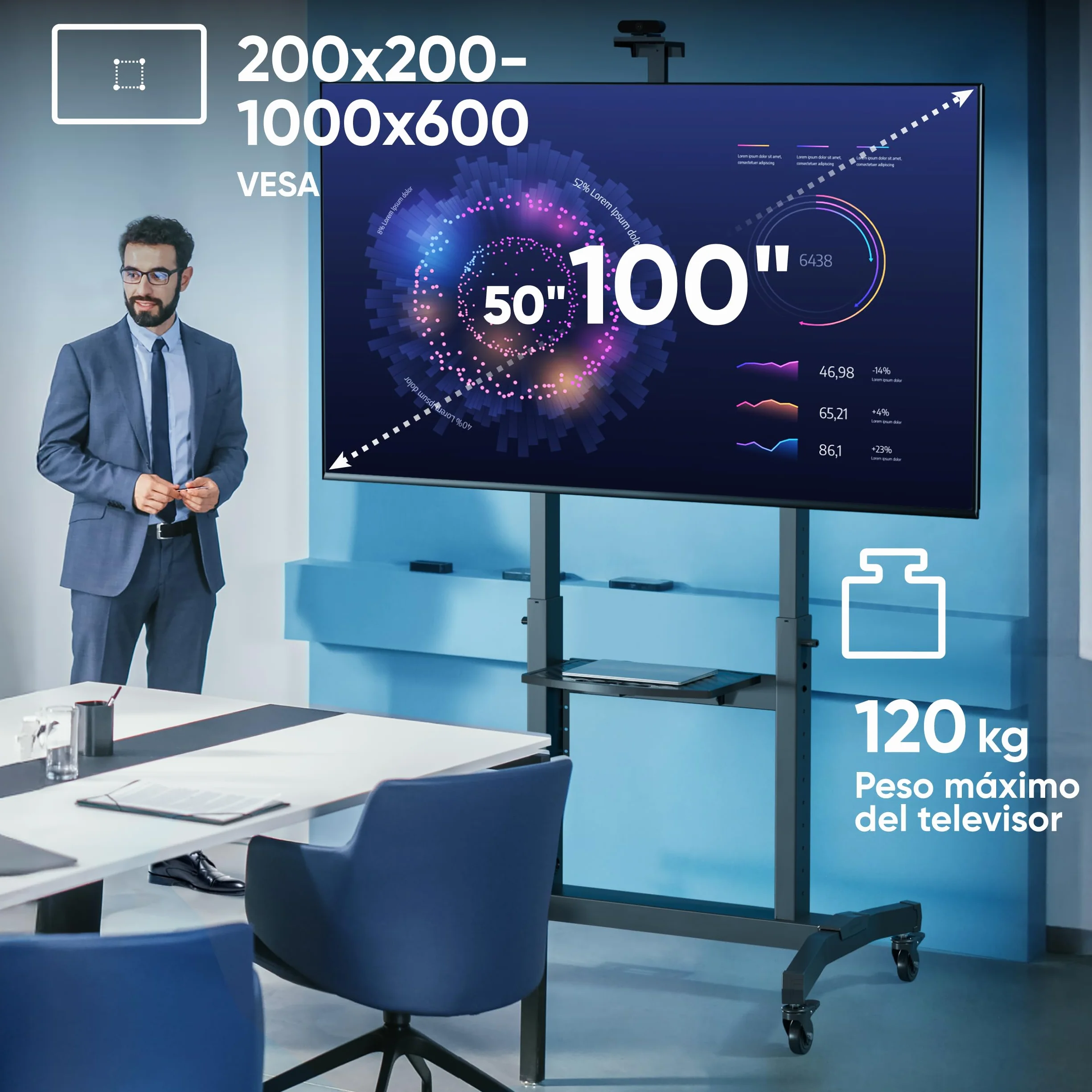 ONKRON Soporte TV Ruedas 50-100 Pulgadas, Carga Total 130 kg, VESA 200x200-1000x600 mm, Pie para Television Inclinable, con Altura Ajustable, Soporte TV Pie Móvil, con Estante, Negro TS1991-B