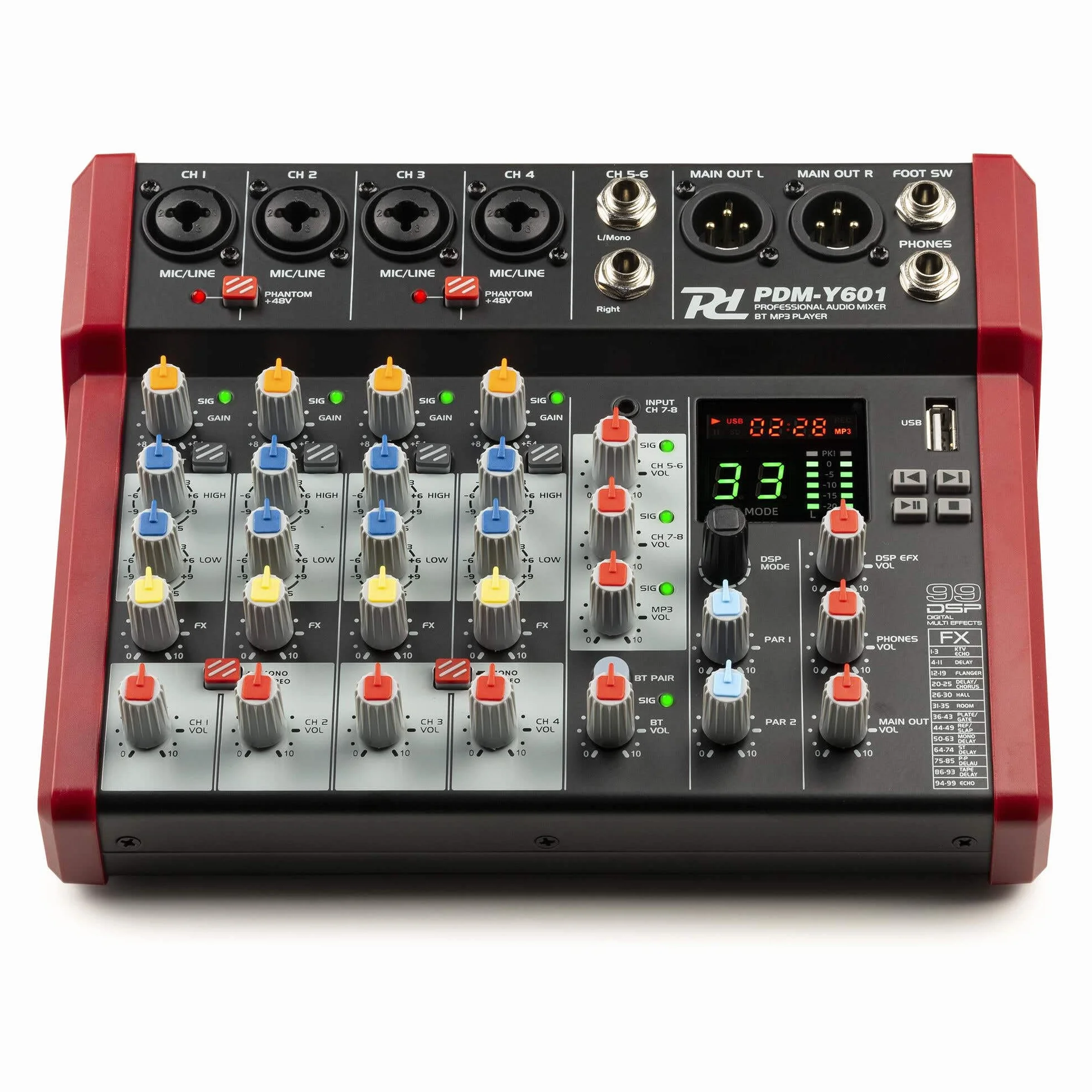 Power Dynamics PDM-Y601 Mezclador de audio 6 canales. Mesa de mezclas con Bluetooth, alimentación phantom de 48 V, USB-C. Mezclador de audio para estudio, 99 efectos DSP, 24 bits, 48 kHz, Jack, XLR